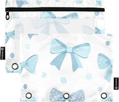 Pencil Pouch for 3 Ring Binder, Bows in Light Blue Dot Pattern Binder Pouches with Zipper Bulk, Pen Holder Case with Clear Window School Class Office Organizers