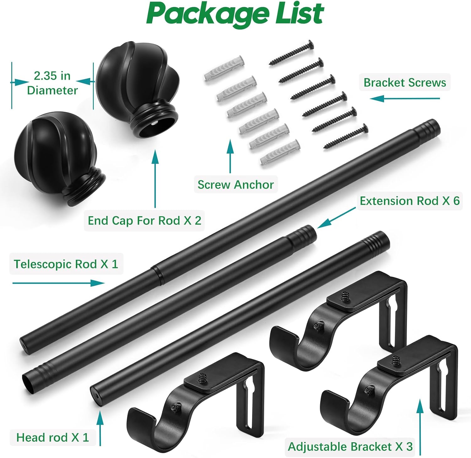 LLPJS Curtain Rods 16-120", 1 in Adjustable Black Rod with Finials, 1 Pack