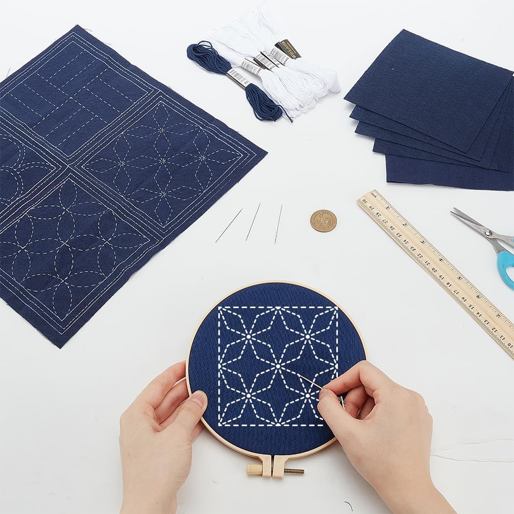 FREEBLOSS 4 Set Sashiko Coasters DIY Kit with Instructions Pre- Printed Sashiko Kit for Beginners Sashiko Practice Project Blue Ocean Waves Embroidery Kit Sashiko Printed Cloth Coaster