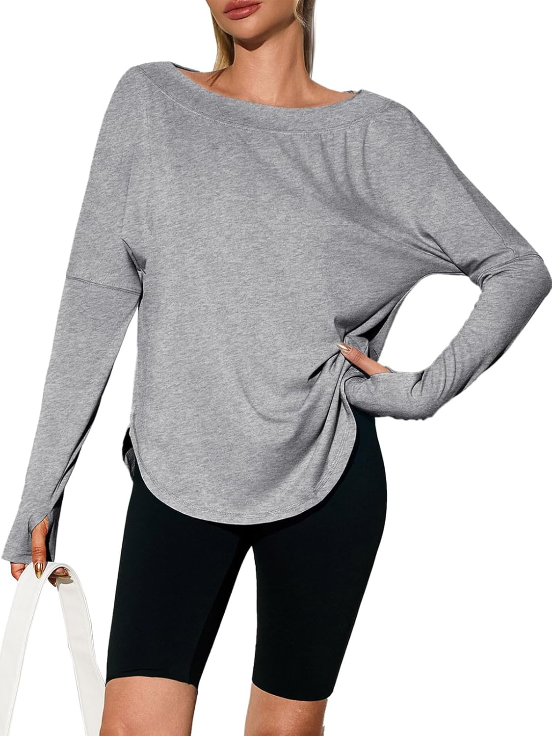 Tankaneo Womens Open Back Workout Shirts Casual Long Sleeve Boat Neck Tops Athletic Gym Yoga Tees with Thumb Holes - Image 5