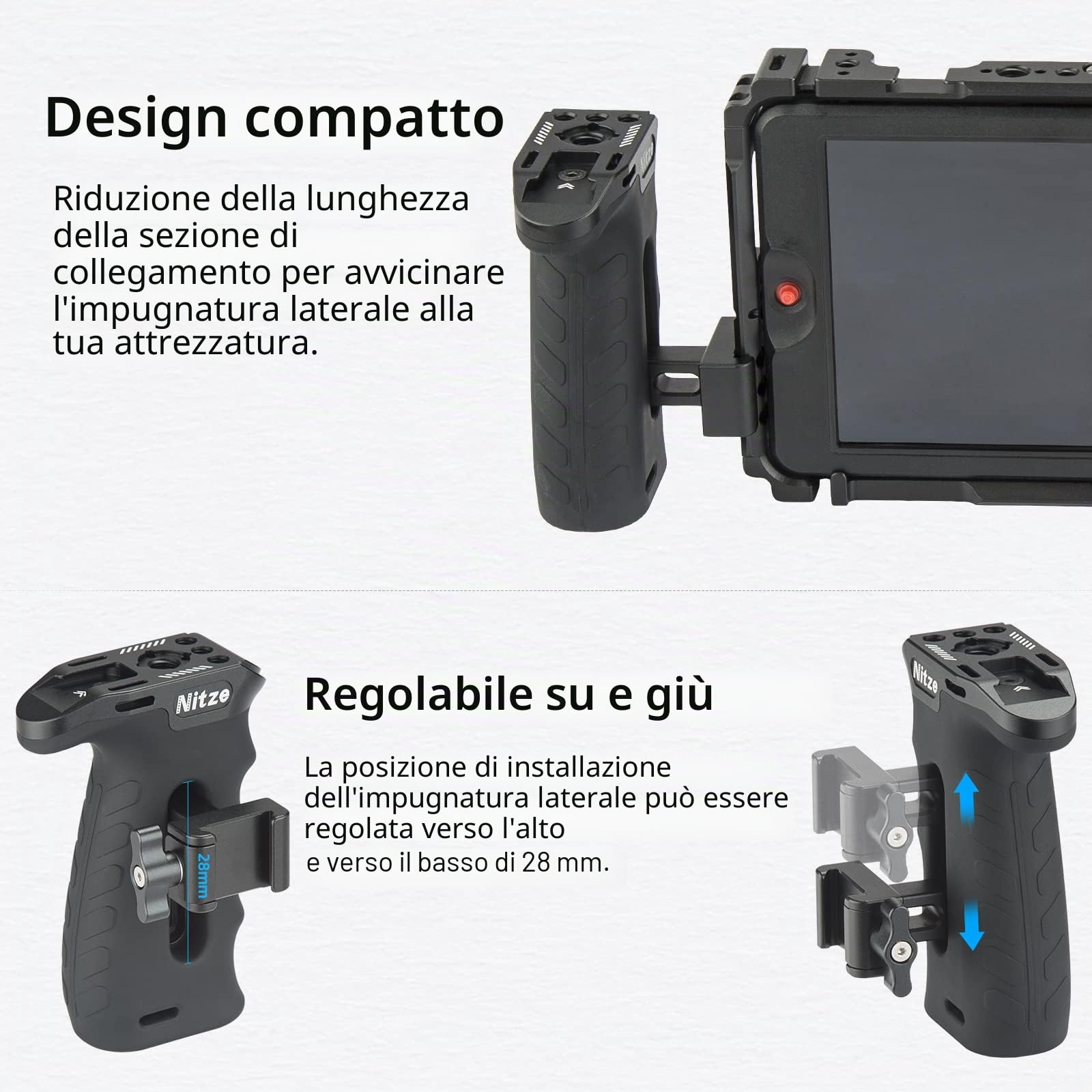 Nitze Impugnatura laterale con NATO Morsetto, Ergonomica Maniglia Laterale per Mano Sinistra o Destra,Mini Side Handle Regolabile su e giù per Gabbia Fotocamera - PA29C