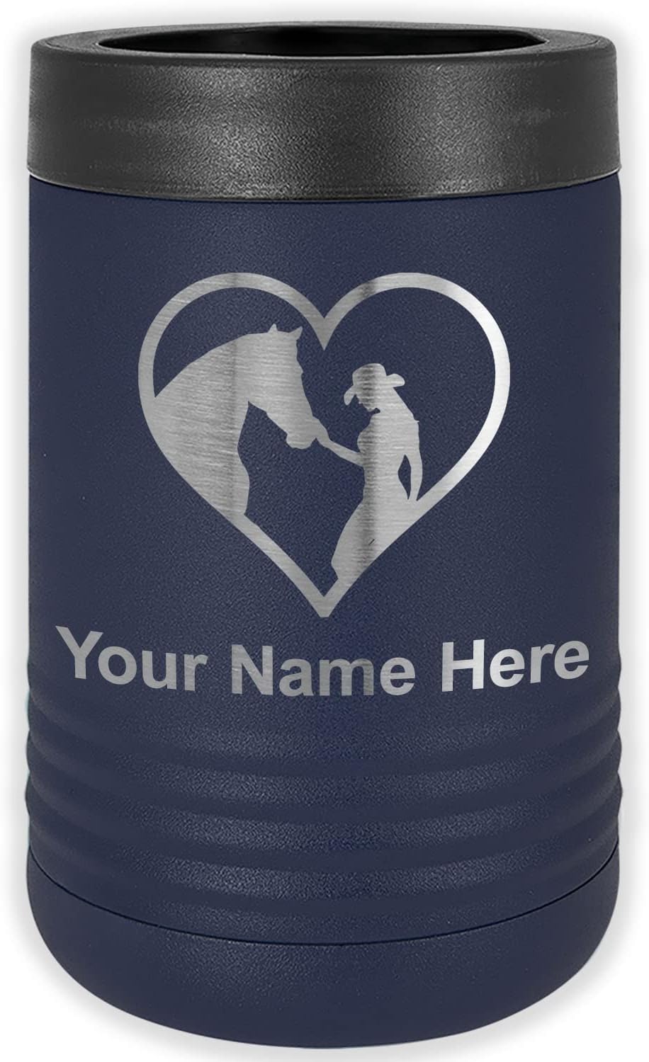 LaserGram Personalized 12 oz. Stainless Steel Can & Bottle Insulator, Horse Cowgirl Heart – Keeps Drinks Cold Longer (Light Purple)