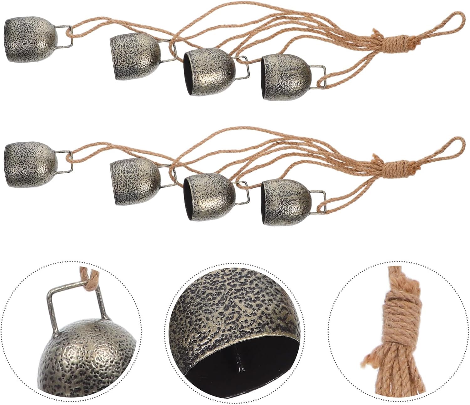 Toyvian Vintage Rustic Metal Cow Bells 2pcs Set, Handmade Decorative Hanging Bells with Jute Rope for Outdoor Garden, Christmas and Holiday Home Décor