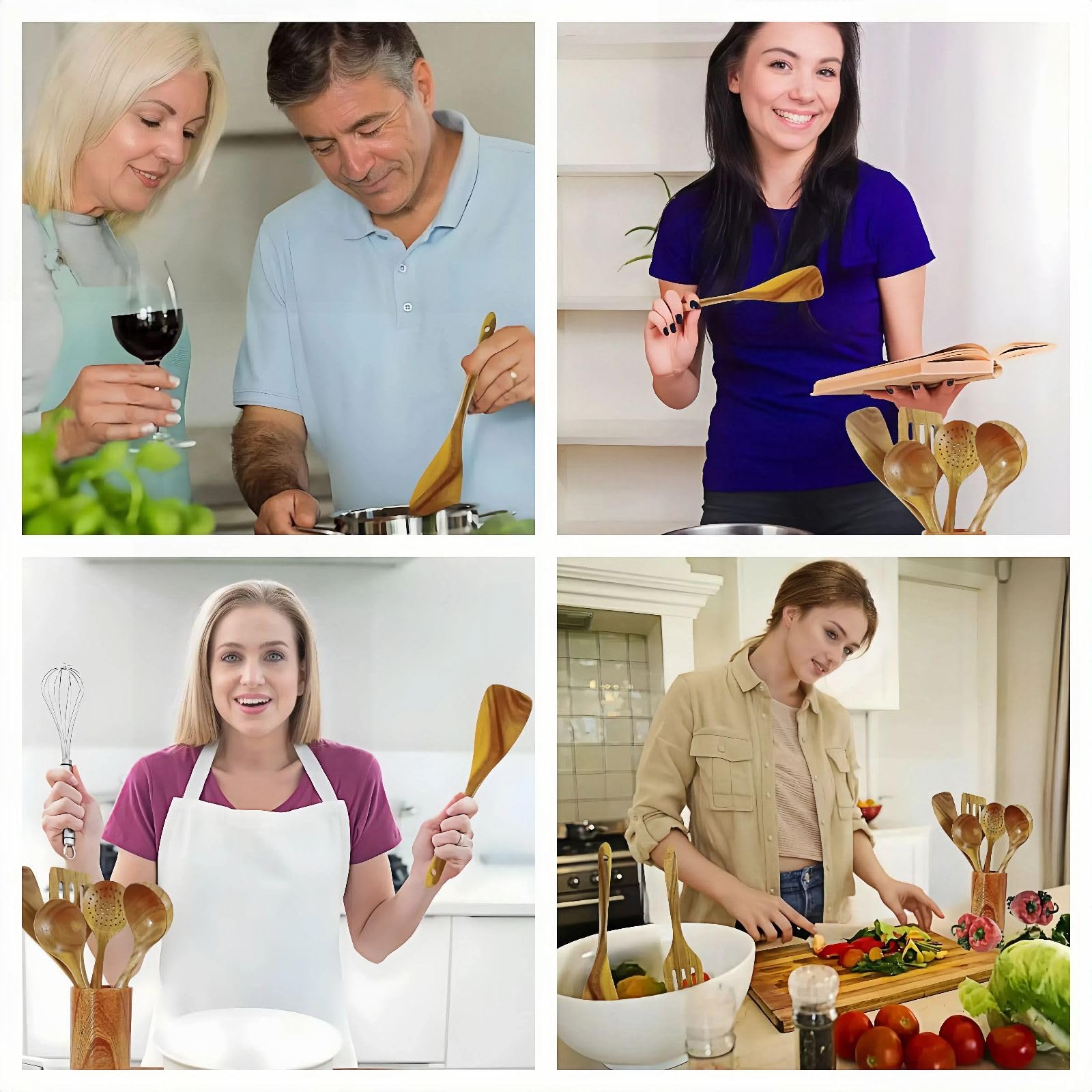 Juego de 6 cucharas de madera, utensilios de cocina de madera, ollas antiadherentes y utensilios de cocina, resistentes, ligeros y resistentes al calor