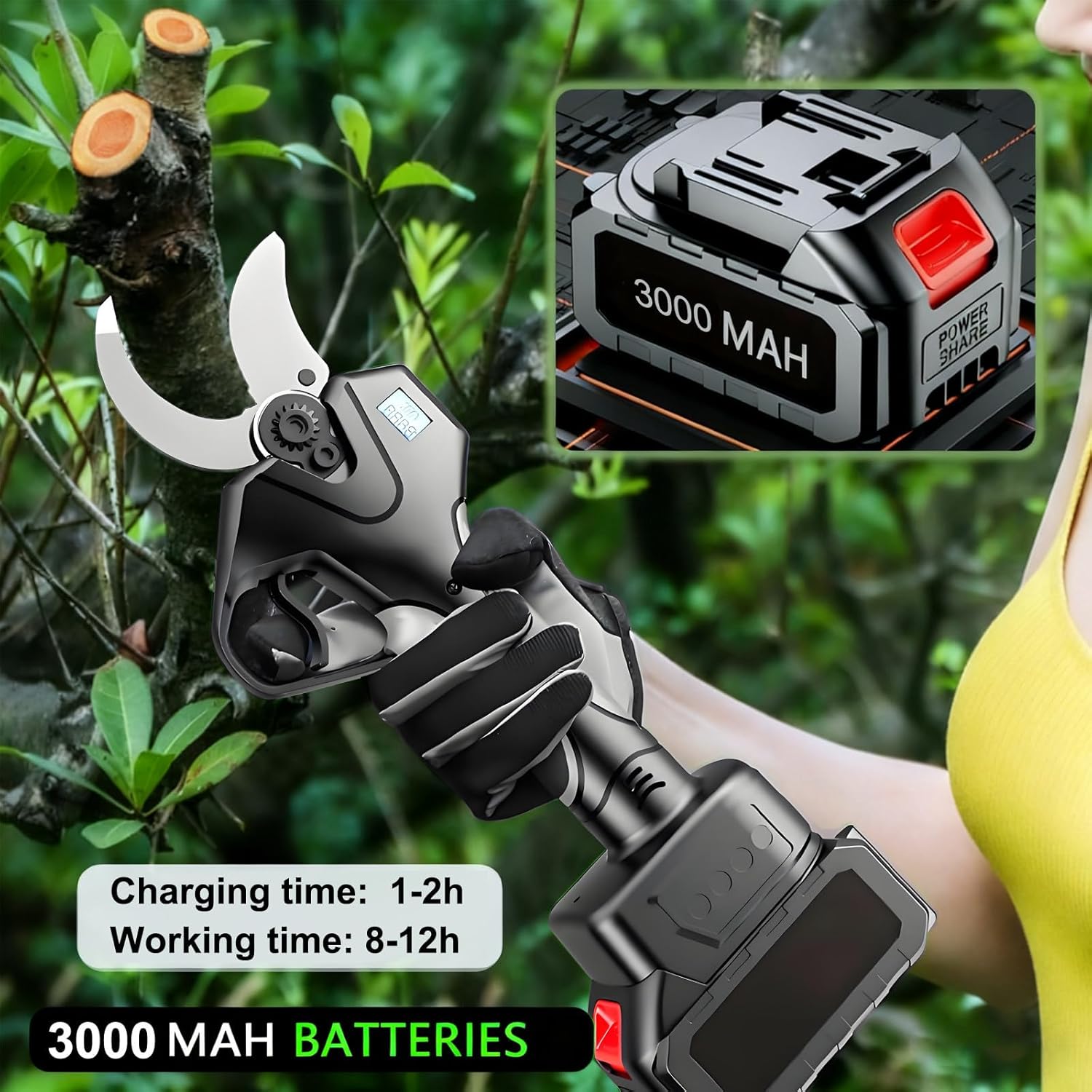 Brushless Electric Pruning Shears, Portable Cordless Pruning Shears with LCD Display＆Sk5 Blades, Adjustable Cutting Diameter 0-50MM