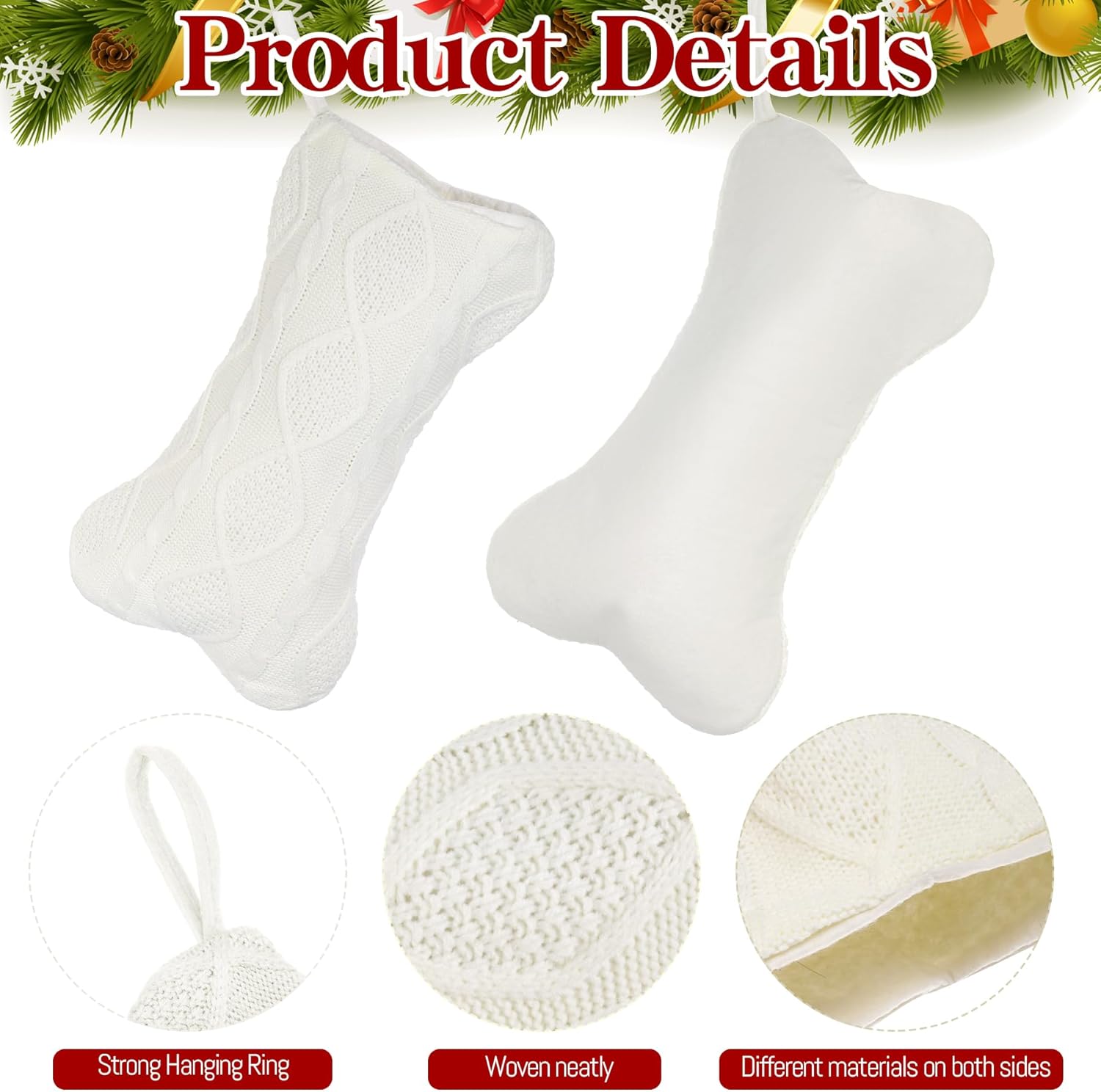 Dog Stockings Christmas Red Knit Christmas Stockings for Dogs Large Bone Shaped Hanging Xmas Stocking for Dogs Cats Pets (White)