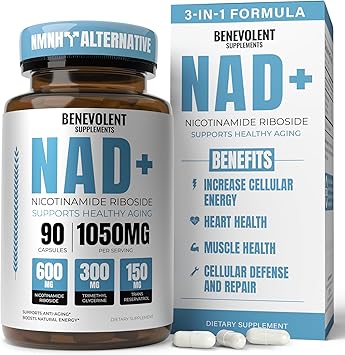 Benevolent NAD+ Supplement 1050mg, Max Absorption 3in1 NAD Supplements for Women & Men with Nicotinamide Riboside, Trans-Resveratrol & TMG, NAD Plus for Cellular Energy, Brain Support & Aging, 90 Caps