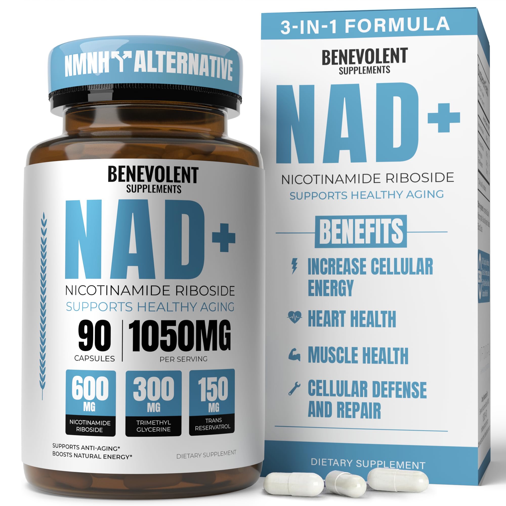 Benevolent NAD+ Supplement 1050mg, Max Absorption 3in1 NAD Supplements for Women & Men with Nicotinamide Riboside, Trans-Resveratrol & TMG, NAD Plus for Cellular Energy, Brain Support & Aging, 90 Caps