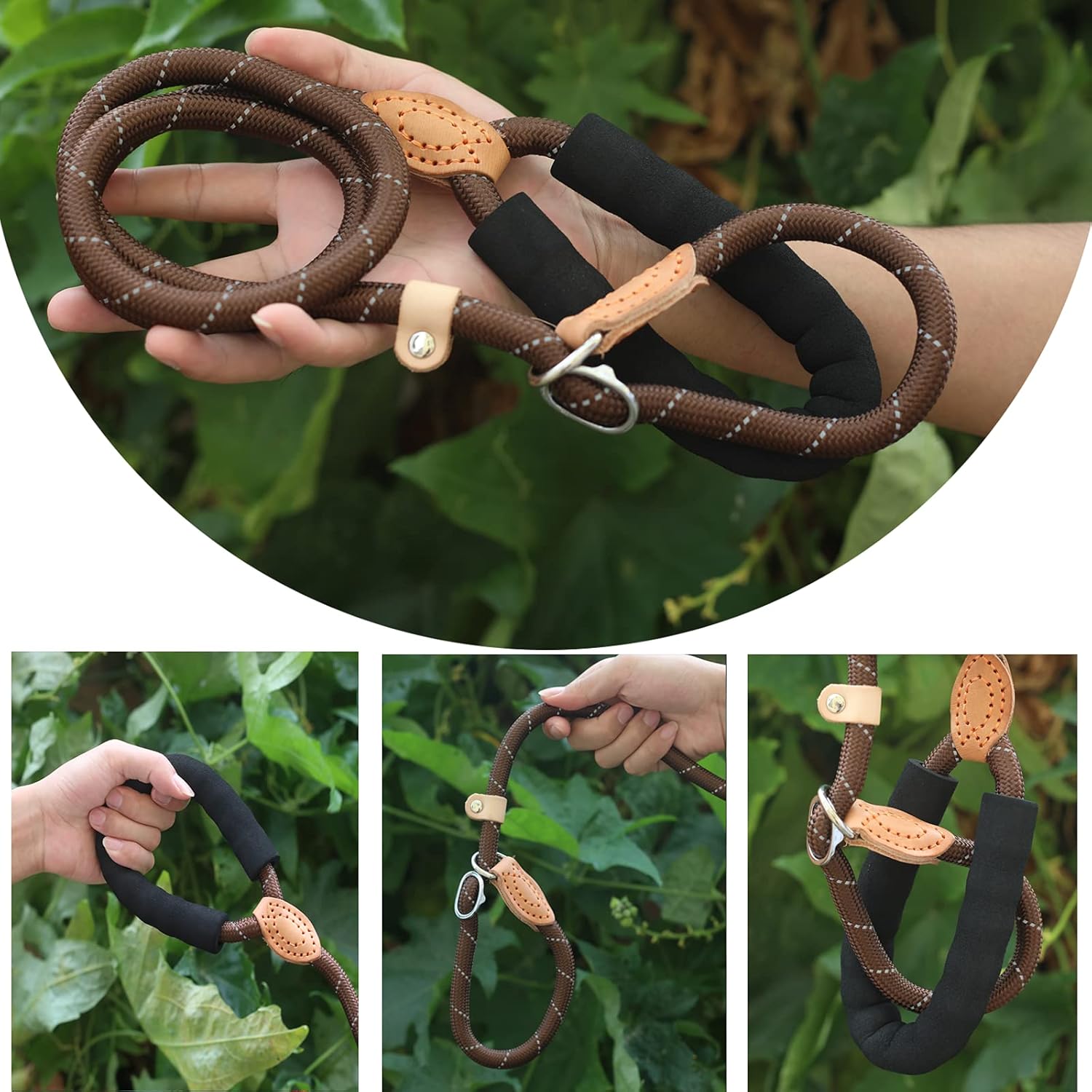 Bouverg 5FT Adjustable No- Pull Double-Sided Reflective Superior Nylon Dogs Leashes with Soft Padded Handle, Durable Strong Rope for Large and Medium Dogs Walking (Brown)