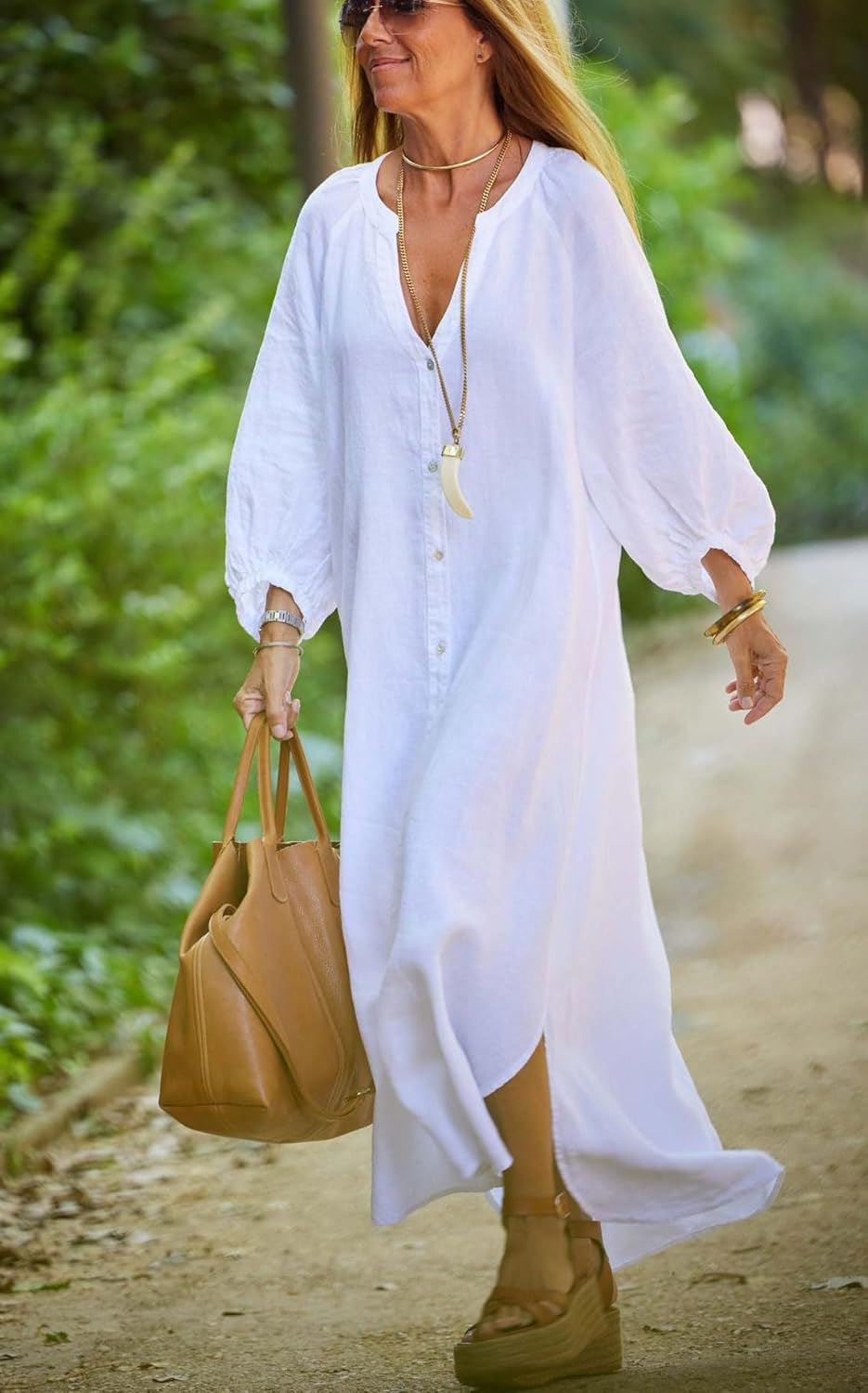 chouyatou Women Summer Long Sleeve Notch Neck Maxi Linen Shirt Dress Loose Button Down Tunic Shift Dress - Image 3