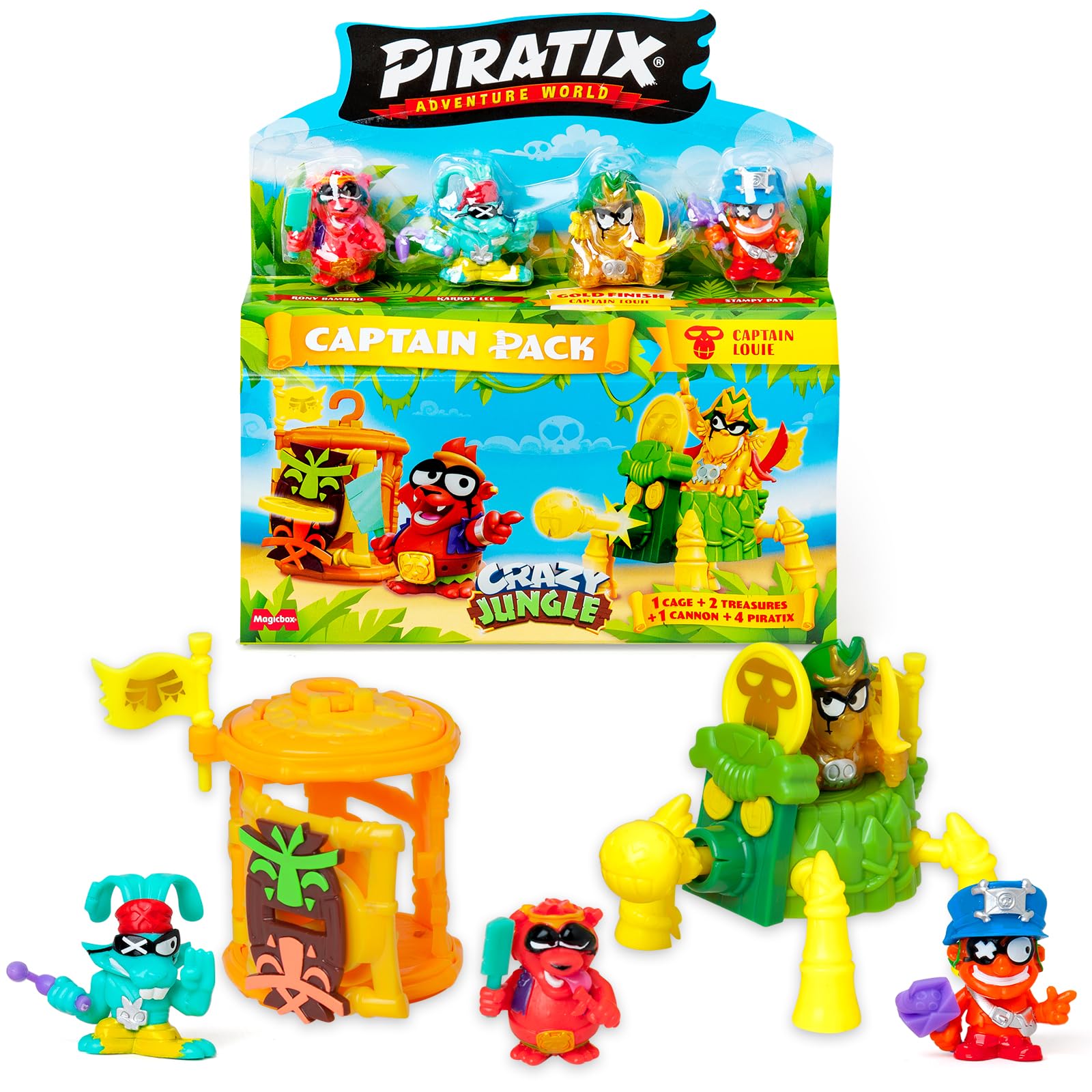 PIRATIX ADVENTURE WORLD Crazy Jungle Series – Captain Pack Louie: 4 Piratix, 1 golden Captain, 4 neon accessories, 1 Cage, 1 Cannon, 2 neon treasures, 2 neon flags. Pack 1 out of 6