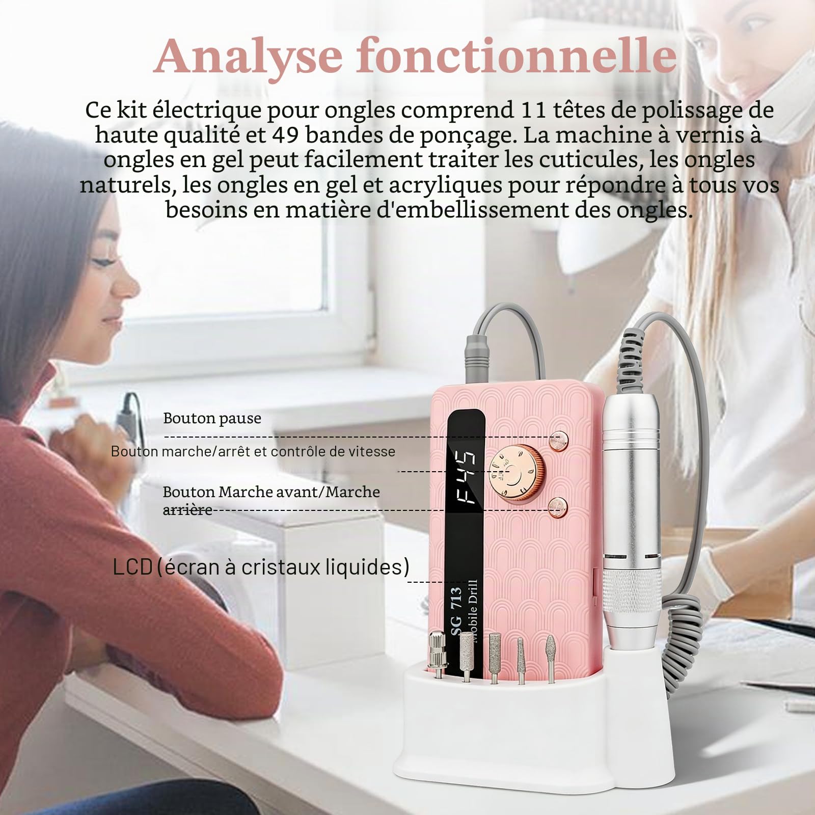 Ponceuse Pour Ongles, Professionnelle Rechargeable 45000 Tr Min, Lime a Ongle Electrique Portable Pour Gel et Acrylique, Ponceuse Ongle Sans Fil Avec Ecran Lcd, pour Salon Ou Maison, Couleur Rose