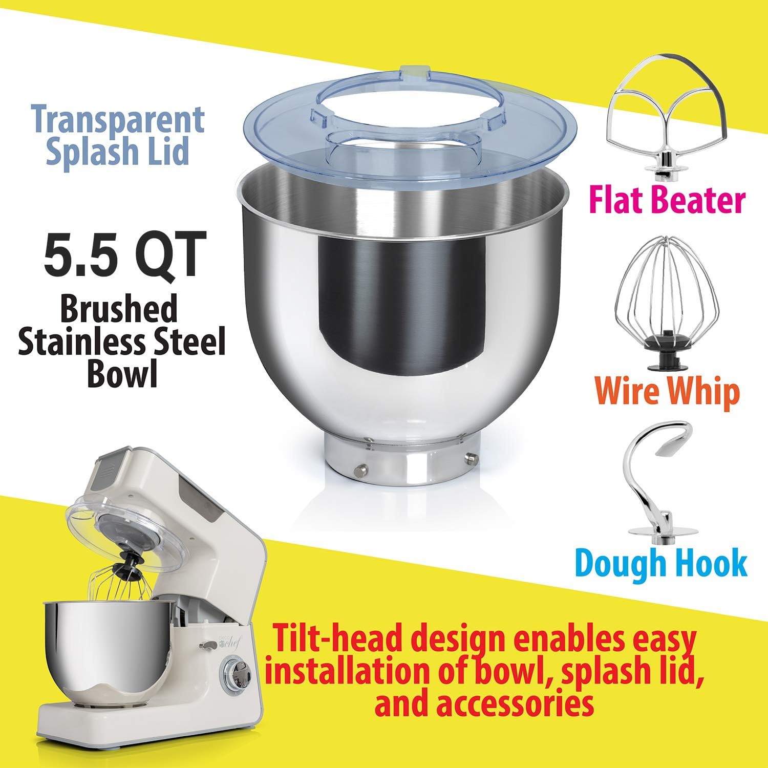 Deco Chef Stand Mixer with 5.5 QT Stainless Steel Bowl, Transparent Splash Lid, Flat Beater, Wire Whip, and Dough Hook