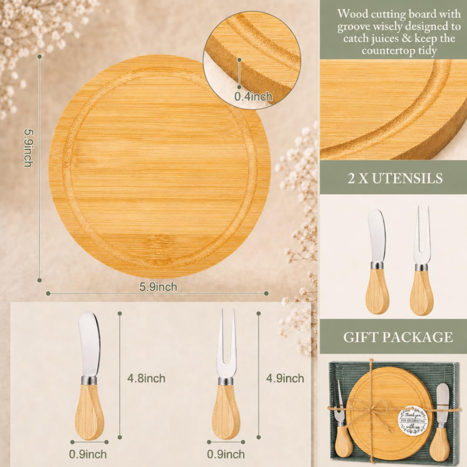 Maxcheck Set di 6 mini taglieri rotondi in legno per salumi, con coltelli e forchette, etichette di ringraziamento, con scatola regalo per gli ospiti e feste di nozze (bambù)