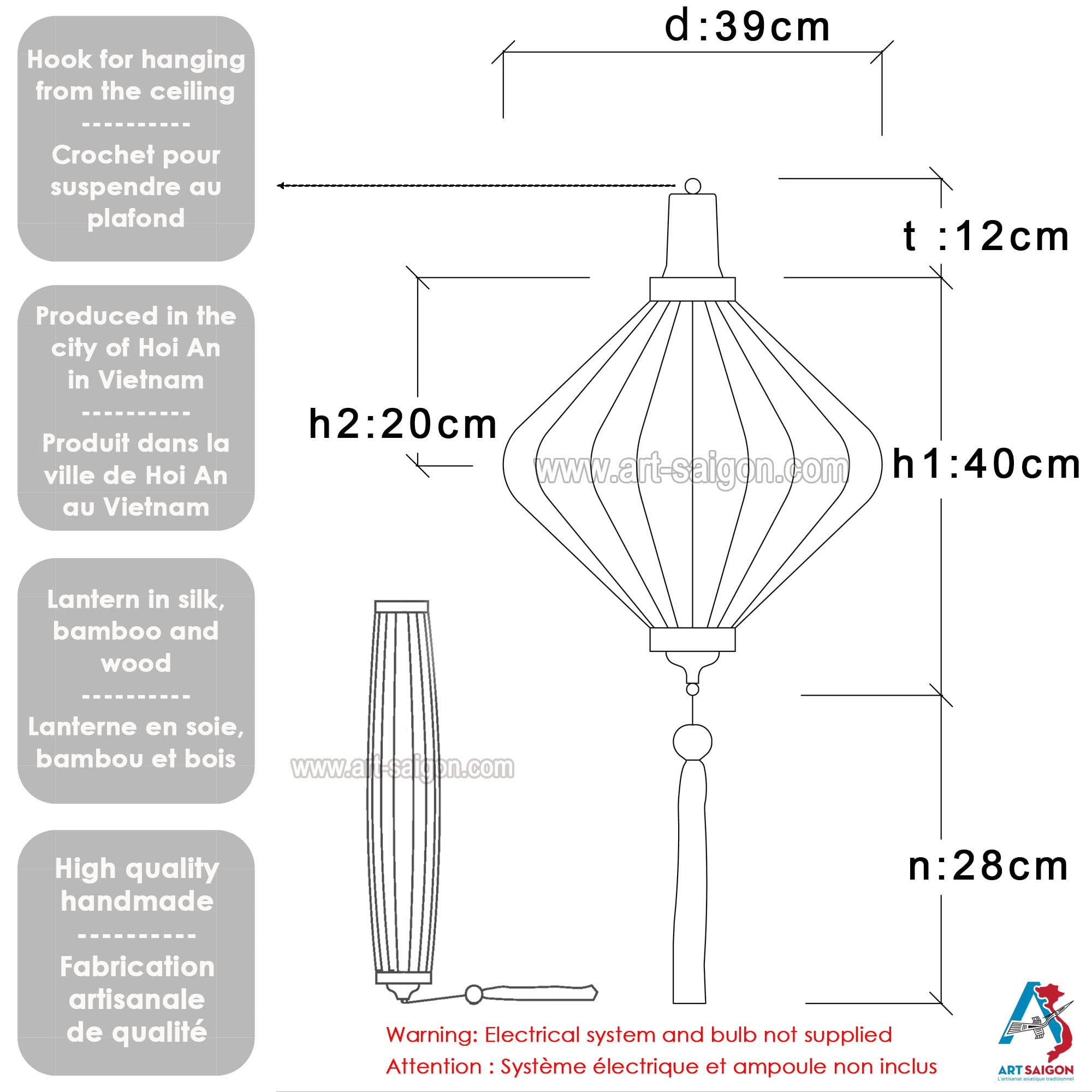 Asiatische Laterne Lampion aus Grün Seide, T Ø39cm - Traditionelle Hoi An Hängelampe aus Stoff, Bambus und Holz - Dekoration und Handwerk aus Vietnam (T25-V)