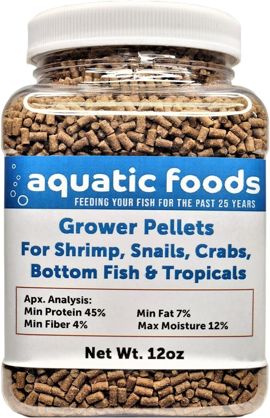 Aquatic Foods Inc. Shrimp Grower 45% Protein Sinking Pellets 1/16" x 3/8" for Shrimp, Snails, Crabs, Catfish, Plecos, All Tropical Fish - 5-lb 8oz Large Jar by Zeigler