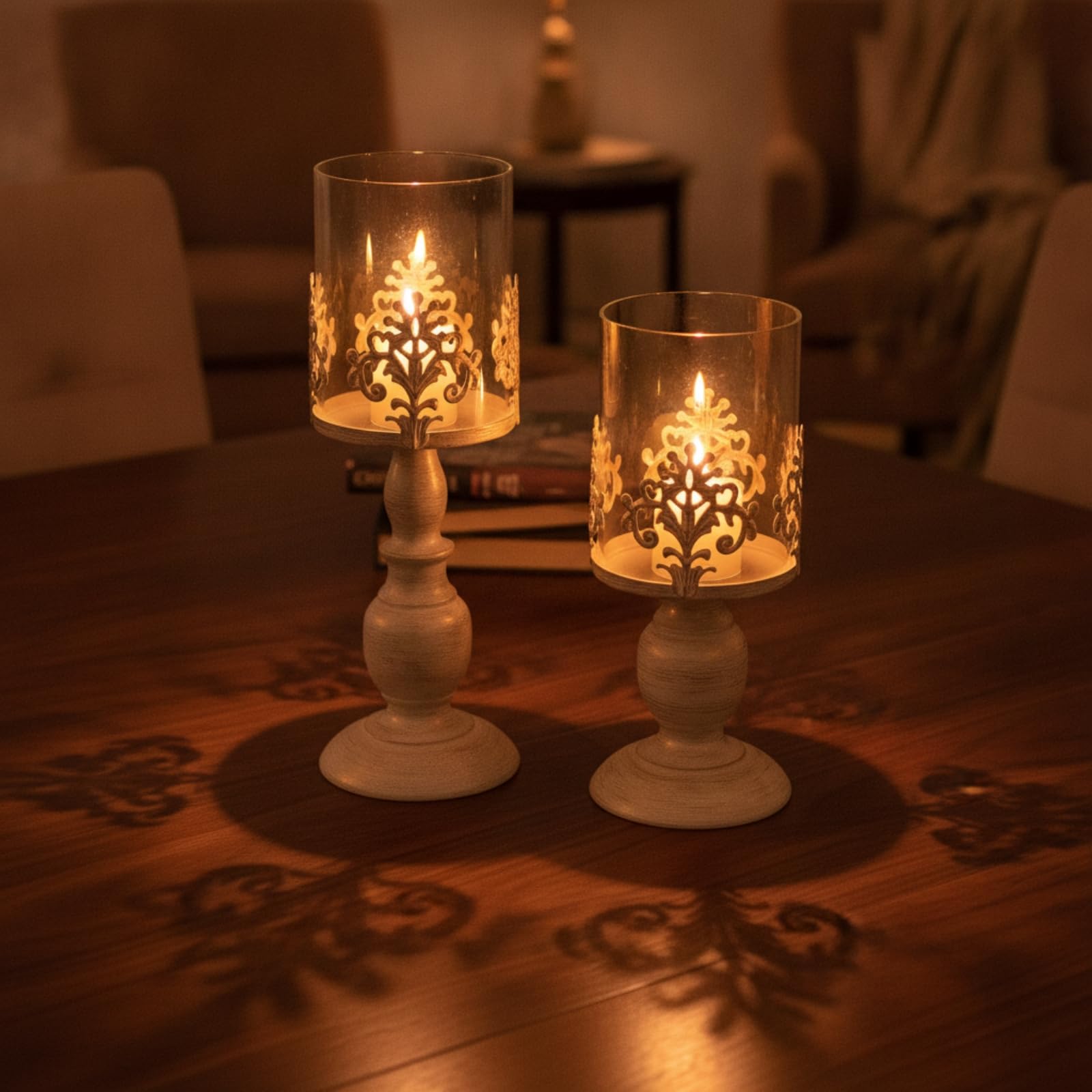 KESOTO 2 Pezzi Portacandele a Piedistallo | Decorativo, Portacandele in ferro Copertura in, Romantico, per Decorazione Domestica, Feste, Consolle D'ingresso, Beige