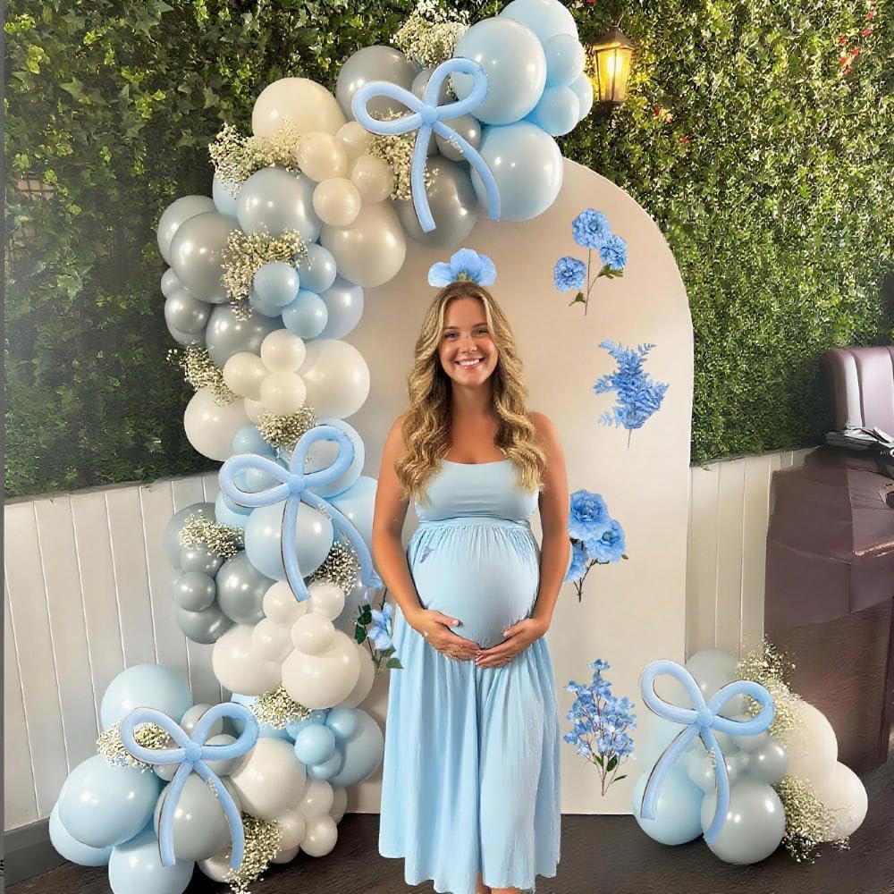 Dusty Blue Balloons Arch Kit with Artificial Flowers Babys Breath Bowknot, Baby in Bloom 140PCS Dusty Blue Sand White Pastel Blue for Boy Baby Shower Bridal Shower Wedding Party Decorations
