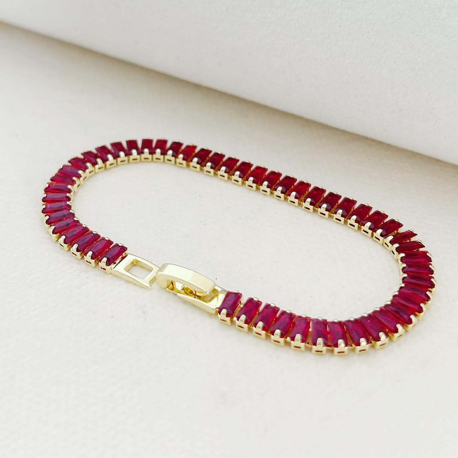 Baguette Tennis Bracelet for Women, 5mm Cubic Zirconia Bracelet | 14K Gold Plated, Multicolors Available, Stackable, Rectangle Crystal Prom Jewelry, Gift Box Included