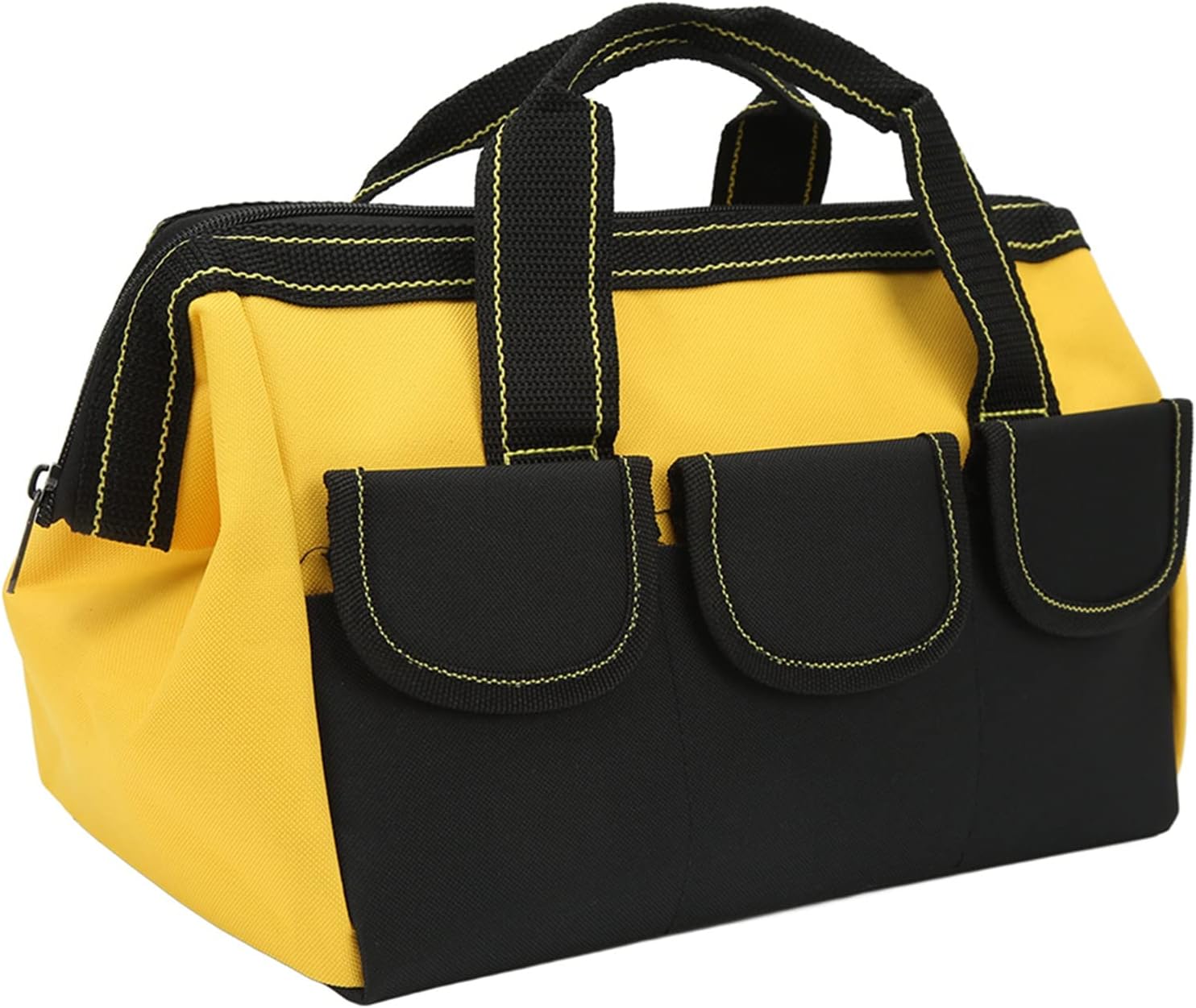 16 Inch Duty Tool Storage Bag With 5 Pockets Wide Mouth Open Top Design 1680D Oxford Cloth Sturdy Zipper Comfortable Handle For Electricians Home Workshop Workplace Portable Tool B (Yellow)
