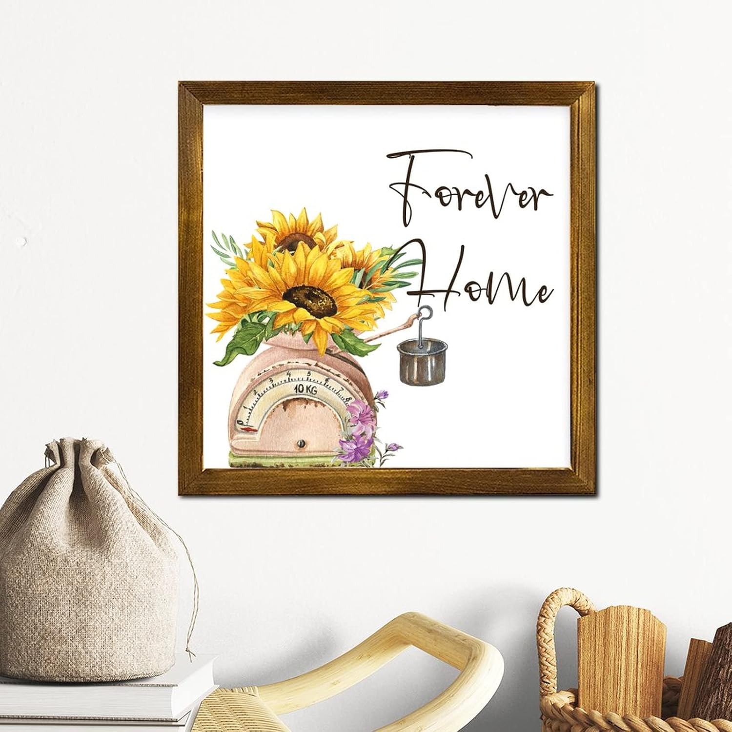 Forever Home Wooden Framed Signs Spring Sunflower Flower in Vase Wall Decor Sign Classic Botanical Artwork Wall Decor Farmhouse Rustic Wooden for Living Room Bedroom Dining Room 12x12 inch