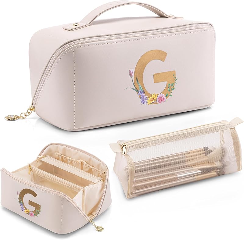 Necessaire de maquiagem VLANDO com estojo separado para pincéis, Letter G, Off White
