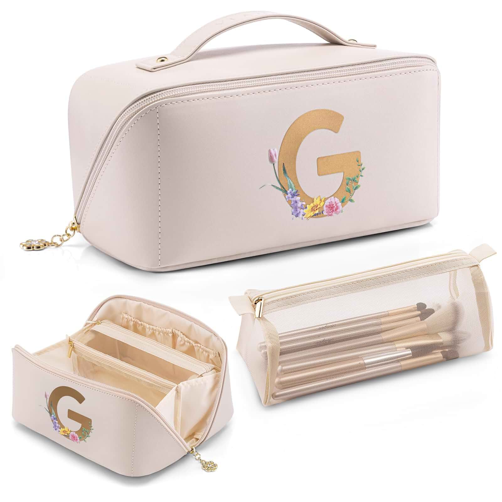 VLANDOMakeup Travel Bag with Separate Brush Pouch,Letter G,Off White PU Leather Personalized Toiletry Bag,Open Flat Cosmetic Skincare Organizer,Gifts for Women,Bridesmaid,Teen
