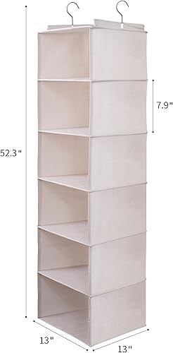 Miniatura 2 de Organizador colgante grande de suéter para armario, estantes colgantes plegables de 6 estantes con cajones, lavable (beige, 6 estantes)