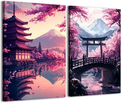 CCWACPP Japanese Wall Art Set of 2 Pink Cherry Blossom Pictures Mount Fuji Painting Japan Landscape Canvas Prints Pink Asian Bedroom Home Decor Framed 12"x16"x2