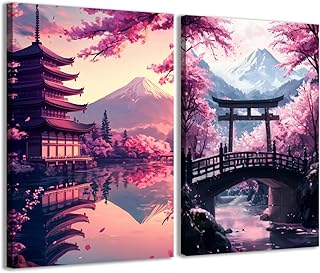 CCWACPP Japanese Wall Art Set of 2 Pink Cherry Blossom Pictures Mount Fuji Painting Japan Landscape Canvas Prints Pink Asian Bedroom Home Decor Framed (11"x14"x2)
