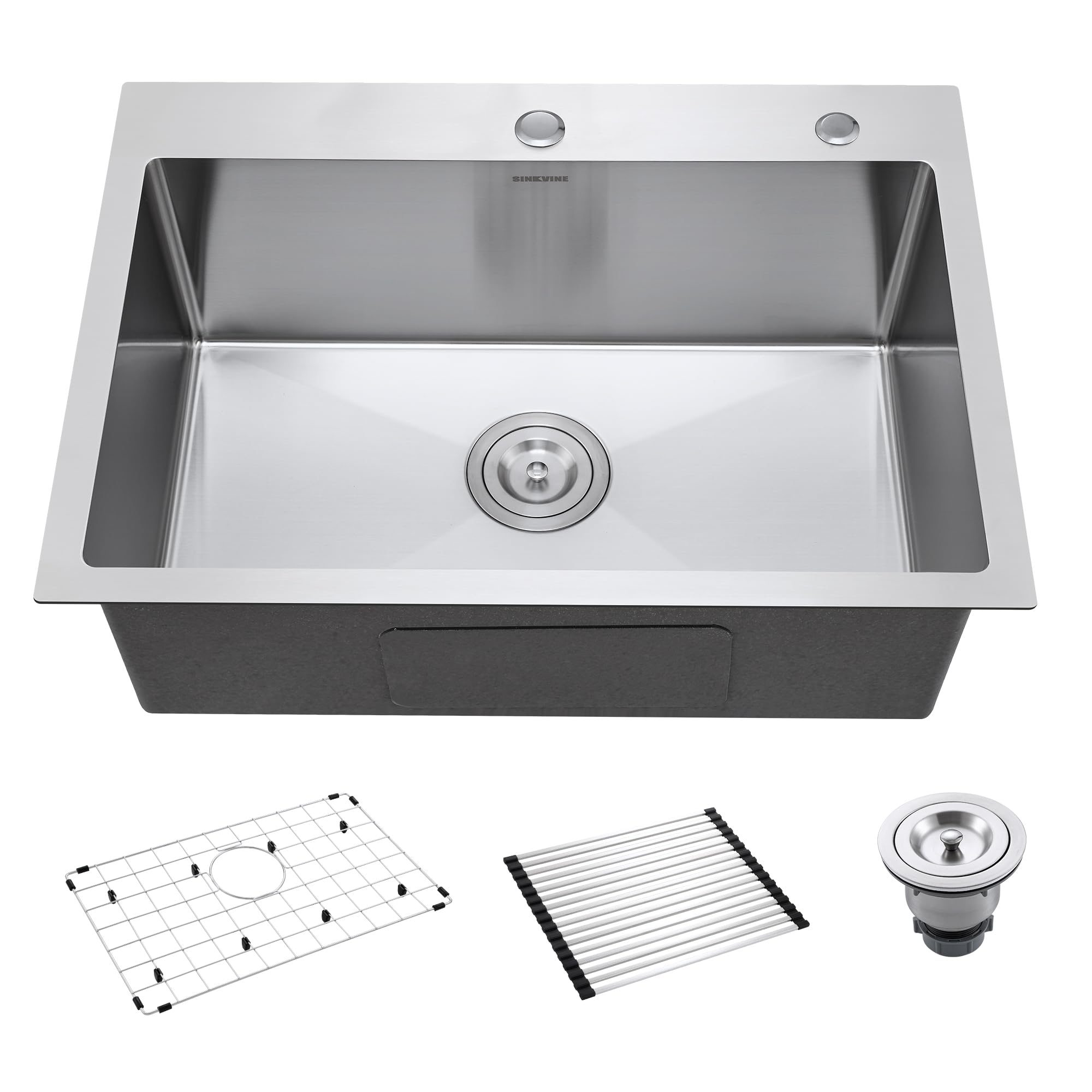 25-inch drop-in kitchen sink, sinkvine 25" x 18" stainless steel indoor and outdoor sink, top mount large deep single bowl sink for laundry room, with drain strainer, bottom grid, roll-up drying unit ( missing drain strainer and roll up drying unit)