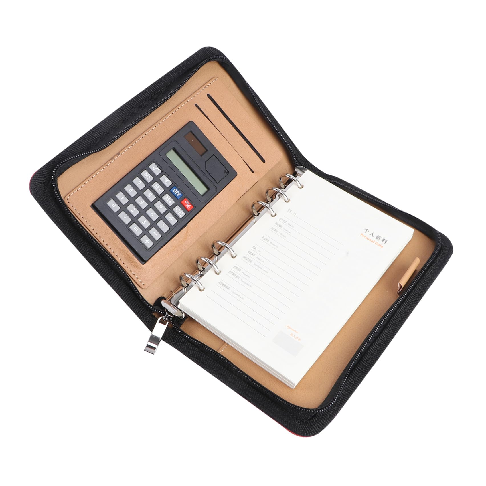 Raccoglitore A6 con Calcolatrice, Copertina in Pelle Sintetica Rossa, Design con 6 Anelli, Tasche Porta Carte e Chiusura con Cerniera per Uso Professionale e Riunioni