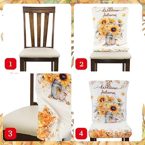 Vista 4 de Preboun Juego de 6 fundas para sillas de otoño, para Acción de Gracias, elásticas, extraíbles y lavables, diseño de calabaza, girasol, hojas