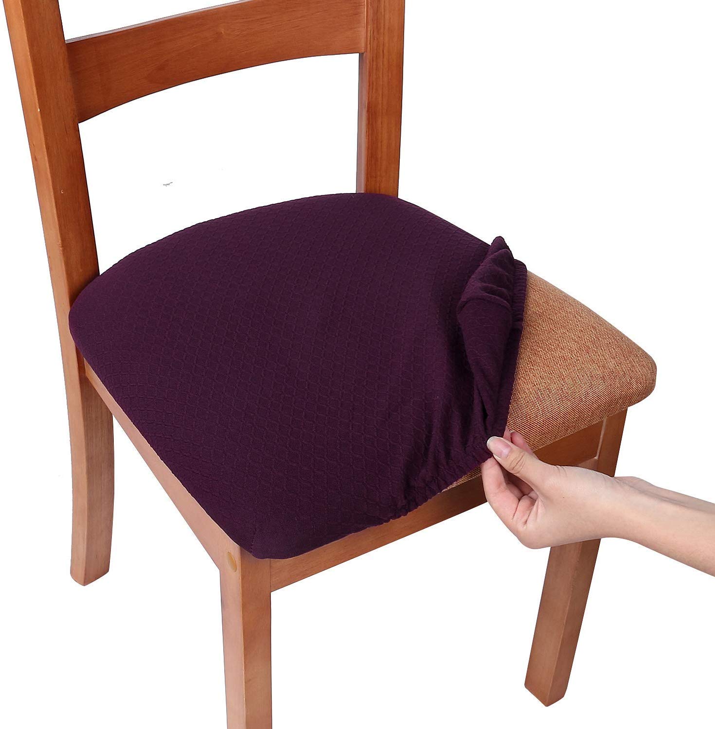 Smiry Aubergine Stretch Chair Seat Covers For Dining Room, Set Of 4 Jacquard Dining Chair Seat Protectors Chair Slipcovers