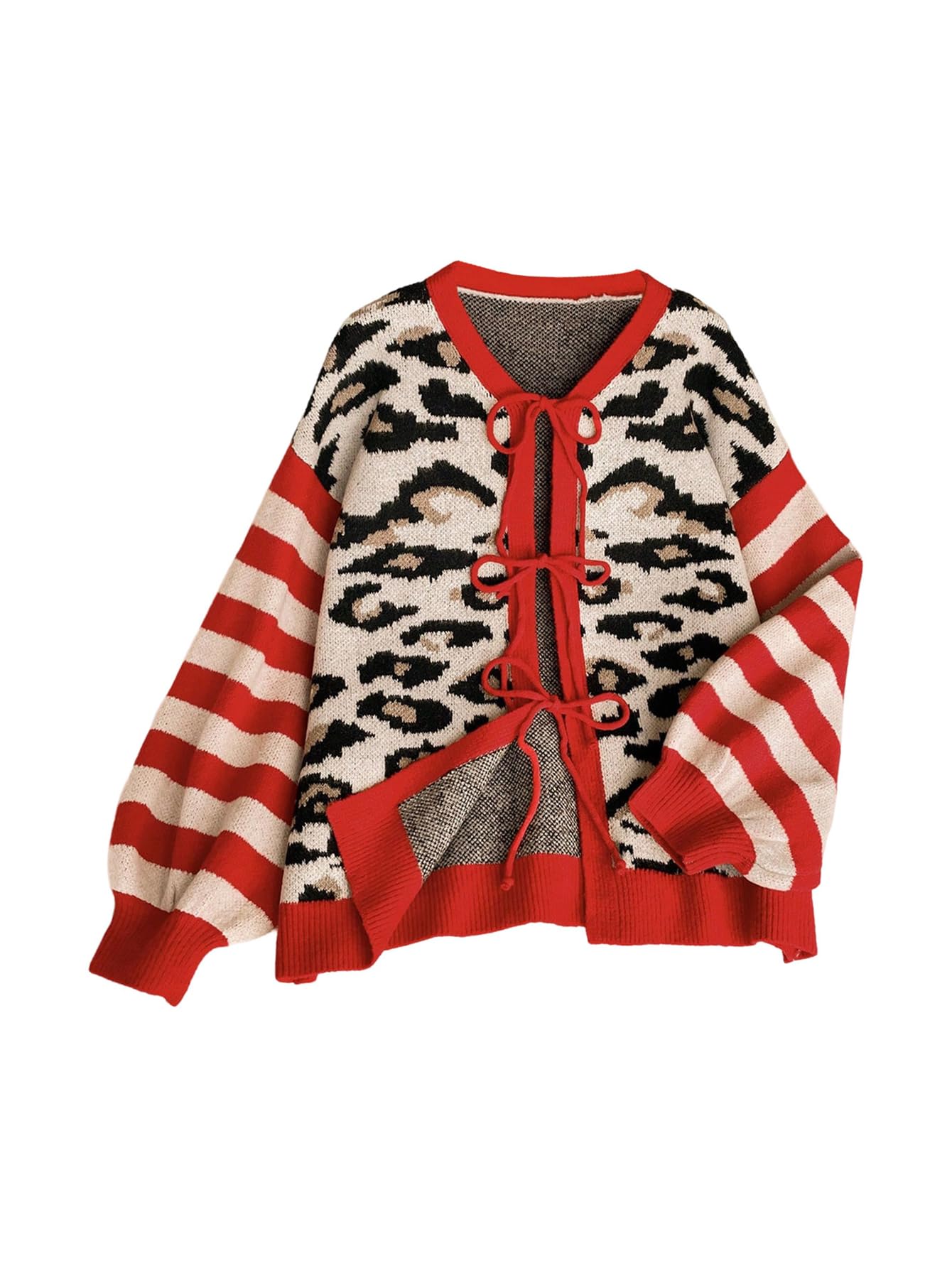 WDIRARA Womens Plus Size Leopard Tie Front Cardigan Sweaters Striped Long Sleeve Knit Outerwear