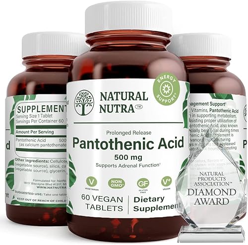 Natural Nutra Time Release Ácido pantoténico 500 mg, suplemento de vitamina B5 para apoyo suprarrenal, estrés, ayuda a romper la grasa y los