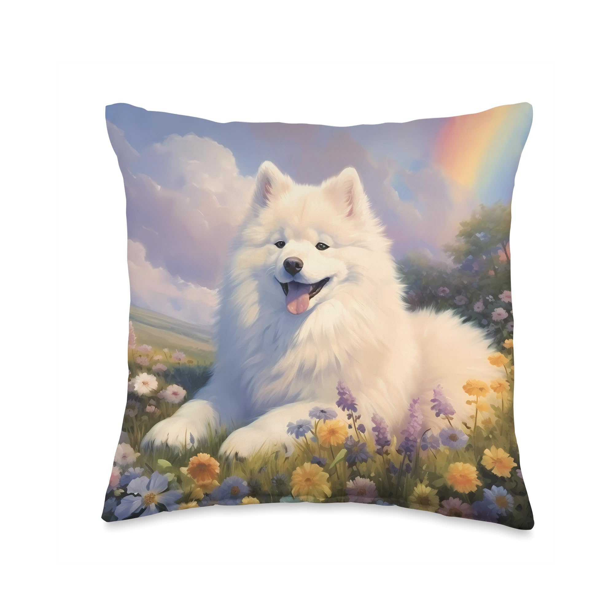 Samoyed Gifts by JSamoyed Smiling Sammy Rainbow Bridge Sammie Smile Dog Art Throw Pillow