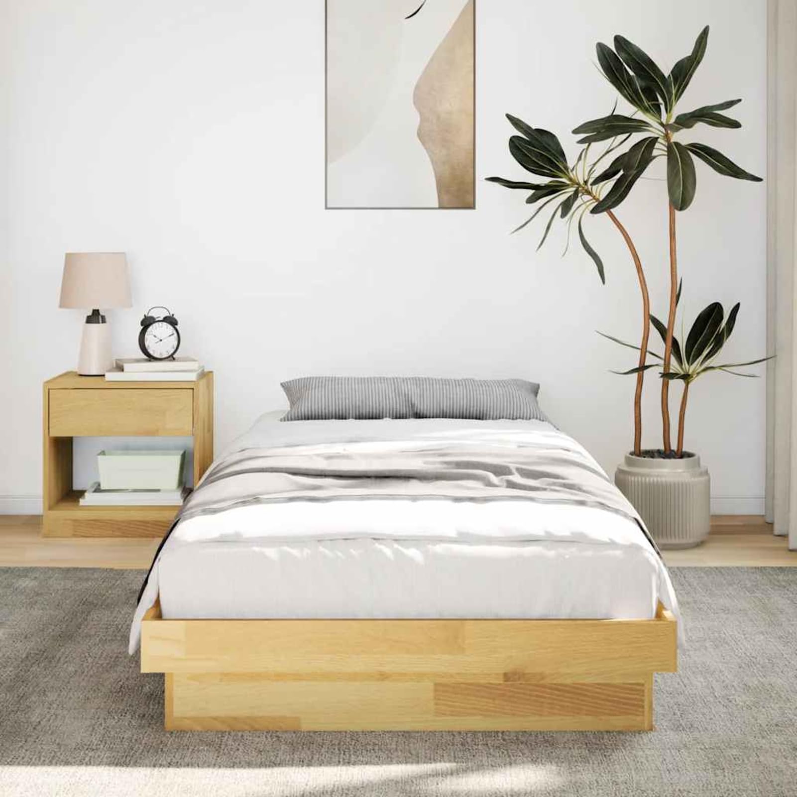 WGYHOME Łóżko z litego drewna, 75 x 190 cm, naturalne drewno dębowe – niskie łóżko podłogowe ze zintegrowanym stelażem do sypialni