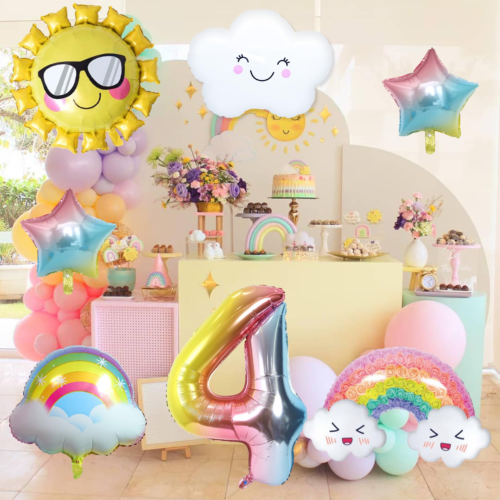 Dekoracje na 4. urodziny dla dziewczynki, zestaw tęczowych balonów urodzinowych ze słońcem, tęczowymi gradientowymi gwiazdami i 102 cm, balon foliowy z cyfrą 4, na tęczowy motyw dziewcząt, artykuły