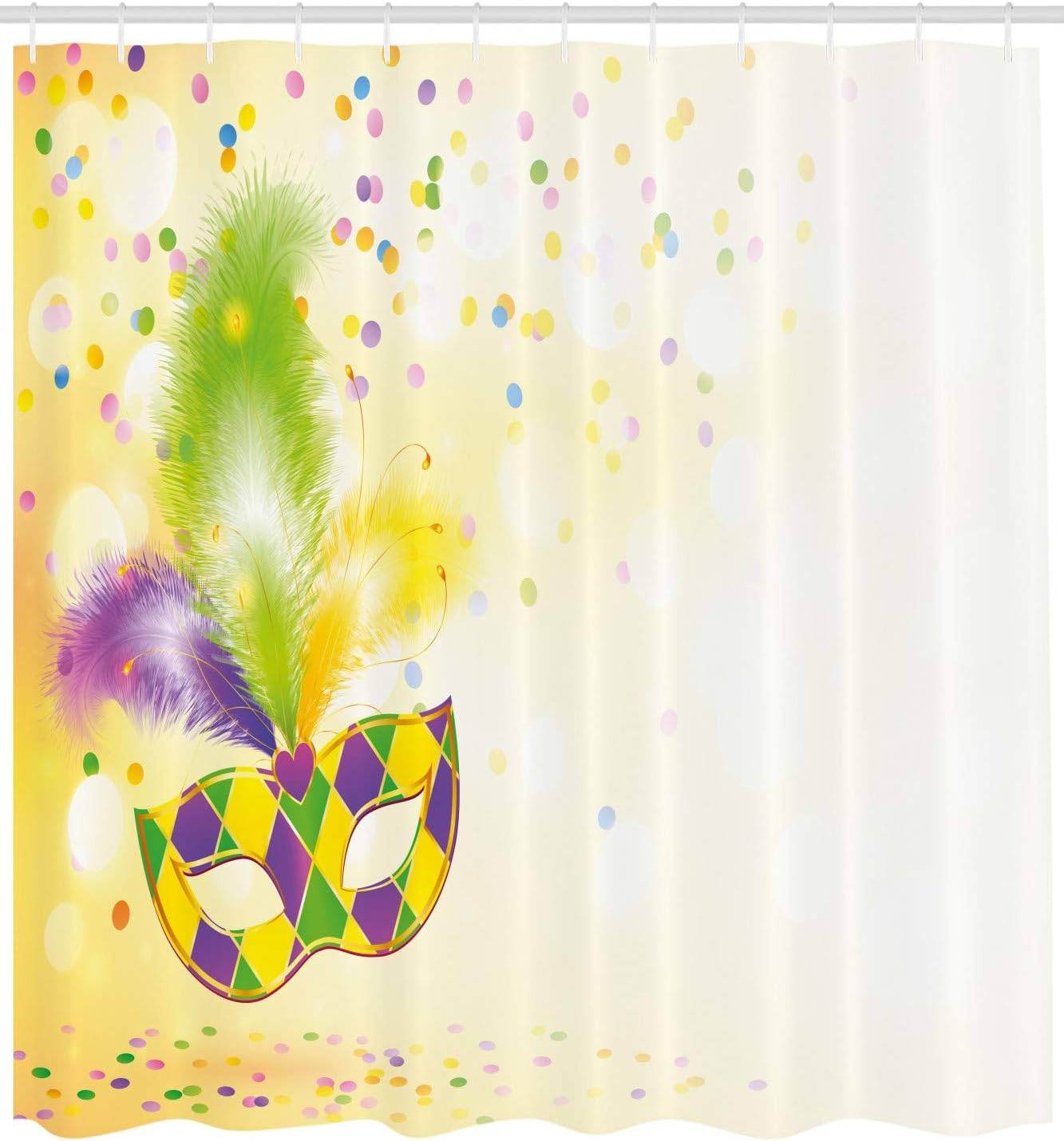 Ambesonne Mardi Gras Shower Curtain, Festival with Ornamental Feathers Colorful Dots Party, Cloth Fabric Bathroom Decor Set with Hooks, 69" W x 75" L, Yellow Green Purple
