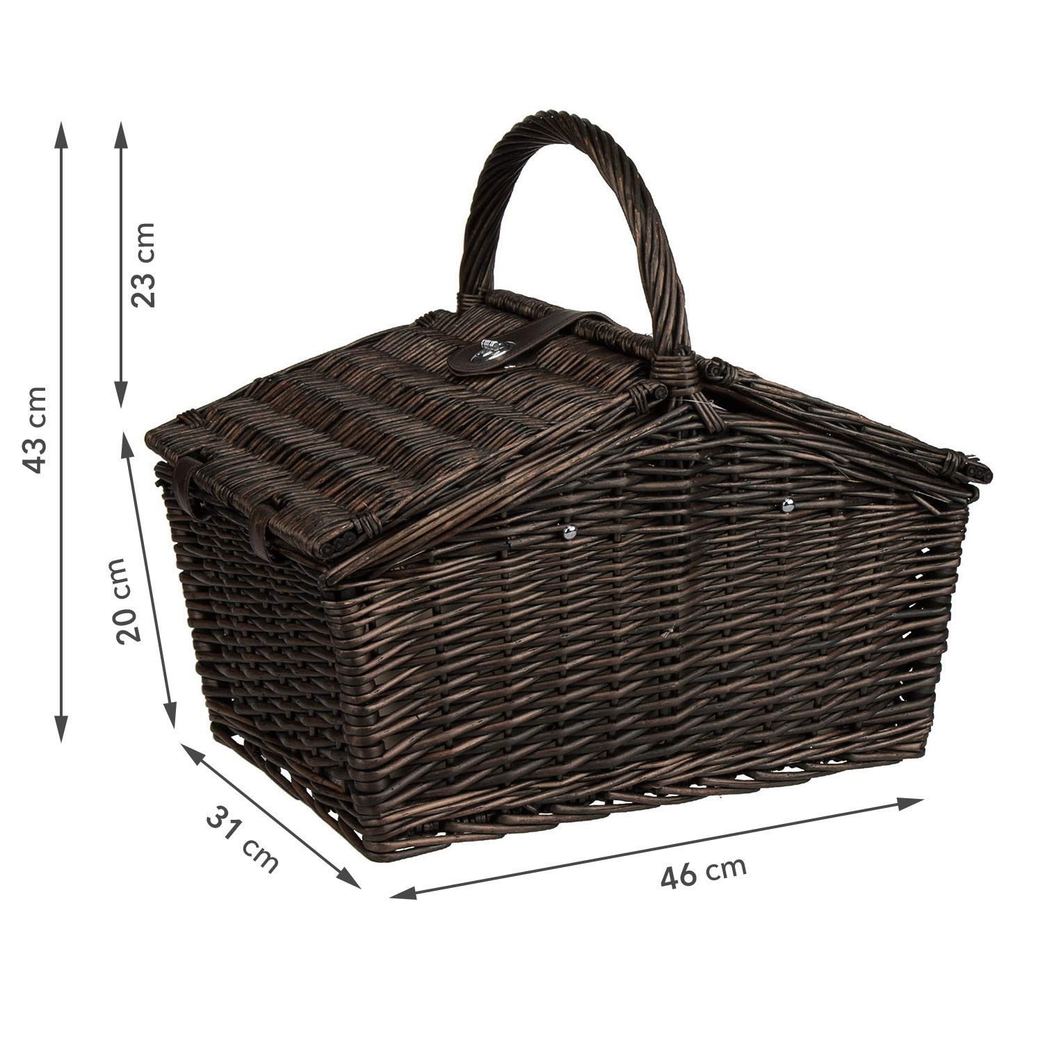 anndora Picknickkorb 4 Personen Weiden Henkelkorb Dunkelbraun + Zubehör 23 TLG.