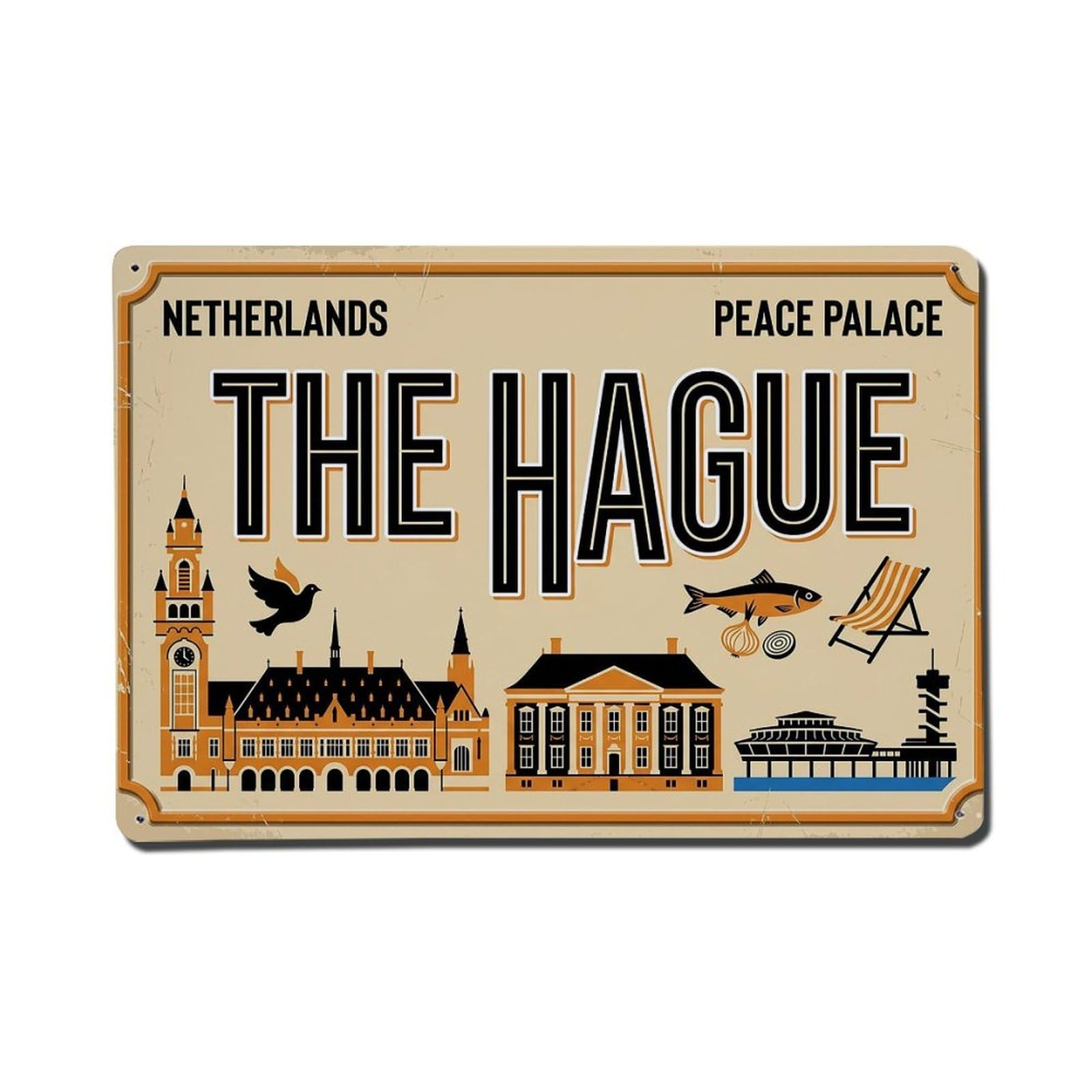 Cwbufd 8X12inch(20X30cm) Vintage Travel Hague Peace Palace Beach Metal Tin Sign Plaque Wall Decor For Cafe, Club Bar, Office, Garden Metal Poster 8X12inch