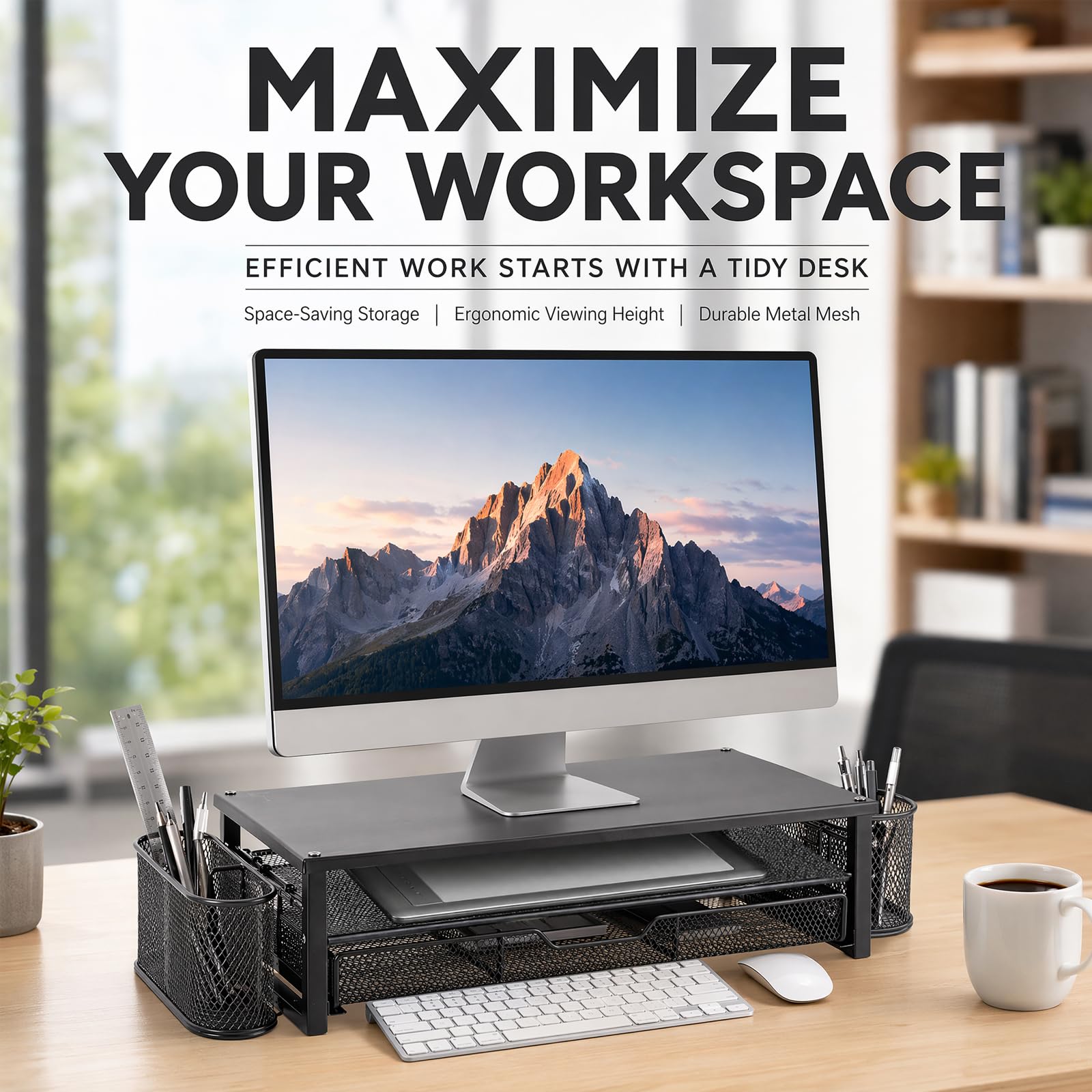 Supporto per monitor con cassetto e 2 portapenne, rialzo ergonomico da scrivania per laptop e schermo, organizer multifunzionale a 2 livelli per ufficio e home office (nero)