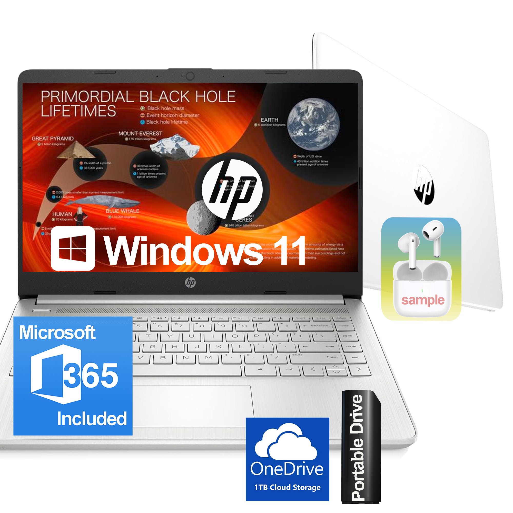 HP 14 inch Laptop with Microsoft 365 & Wireless Earbuds • Ultralight & Compact • Intel 4-Core Processor • 16GB RAM • 128GB External & 64GB Onboard &