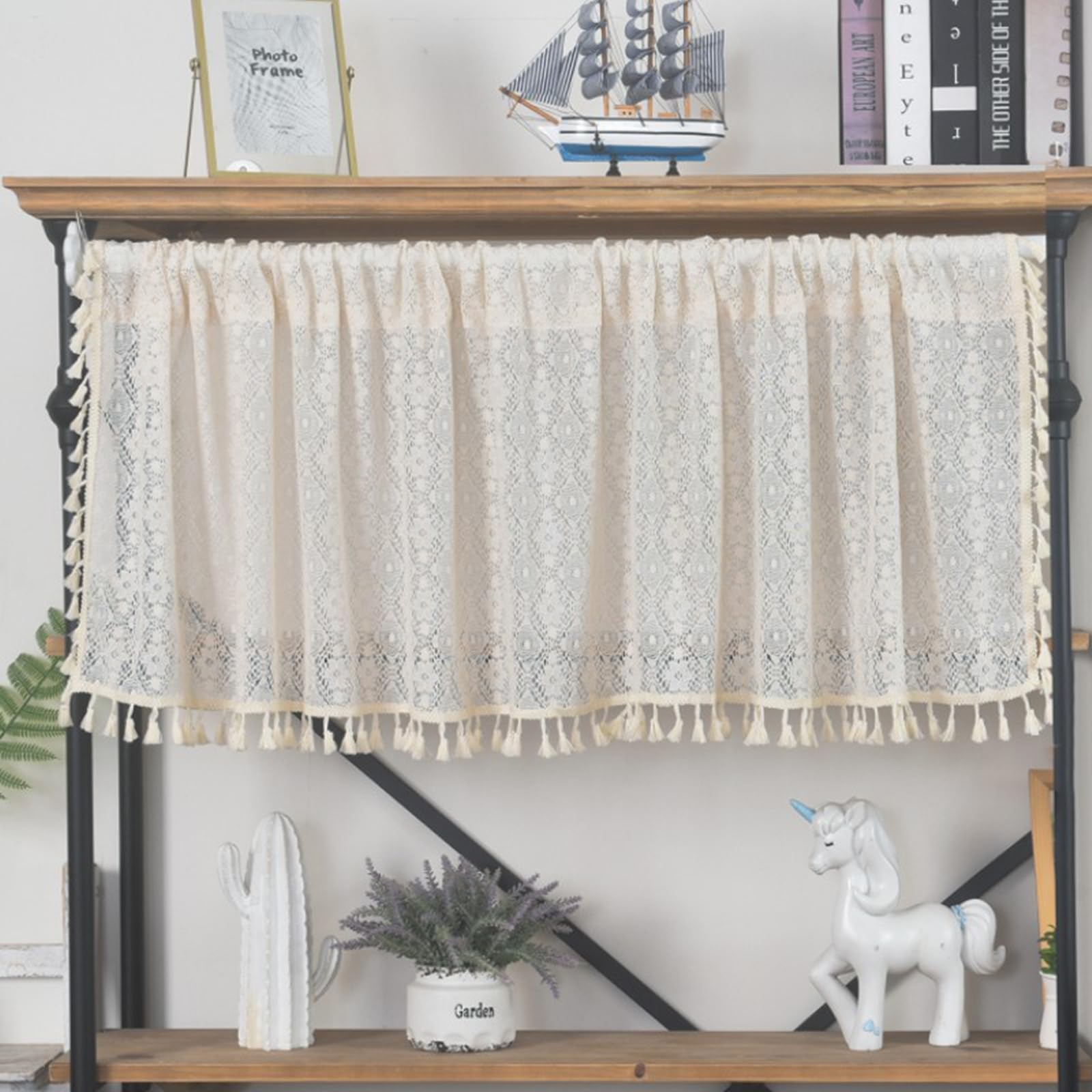 Gualiy Beige Kitchen Window Curtain 37 inch Length, Half Curtains for Small Window Hollow Flowers Lace with Tassels Short Cafe Curtains 1 Panel 37" L x 59" W