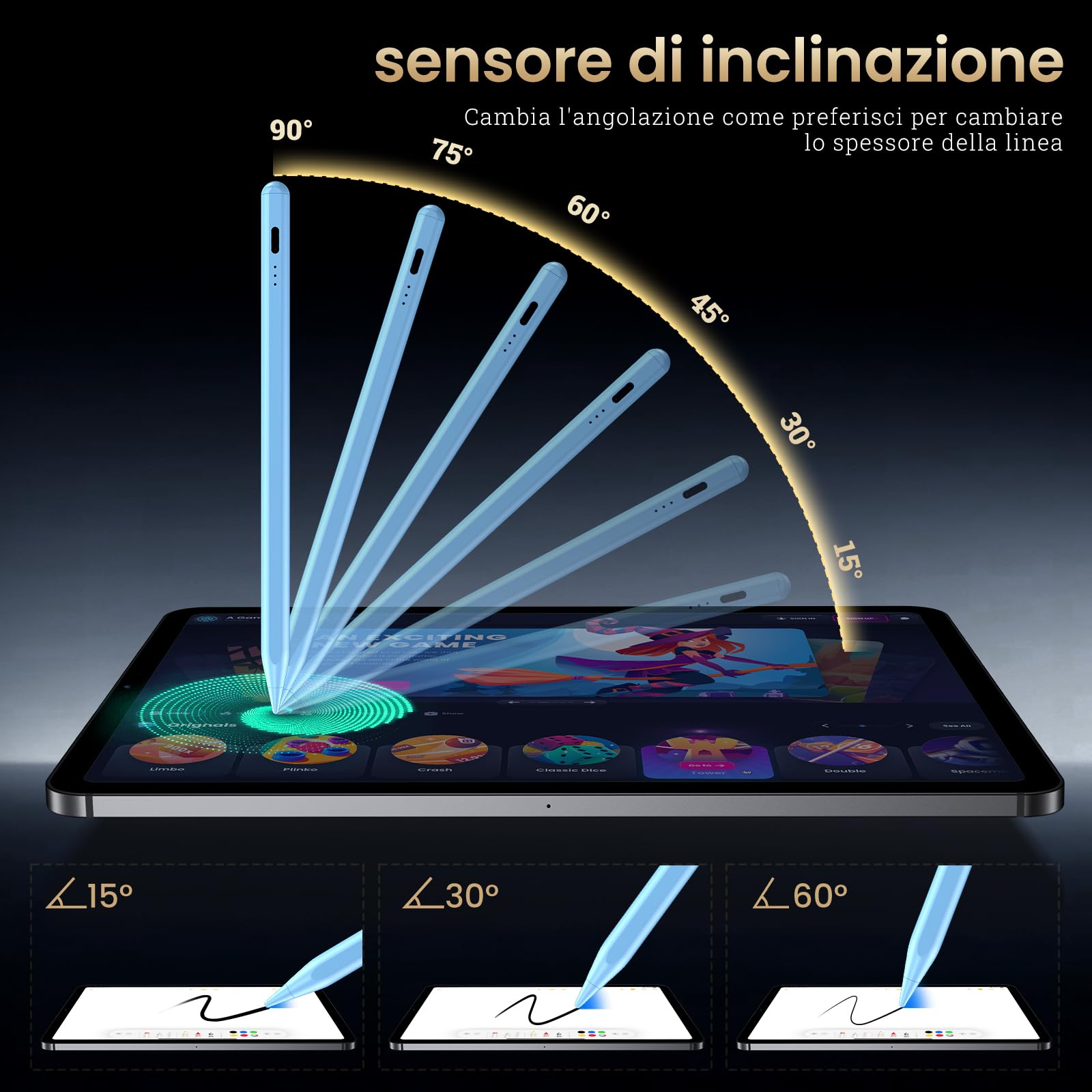 Penna per iPad,Penna per Tablet Compatibile con Apple iPad 2018-2025 Ricarica Rapida,Sensibile all'Inclinazione&Rifiuto del Palmo,Stylus Pencil per iPad 6-11,Pro 13/12,9/11'',Air 3-6,Mini 6/5