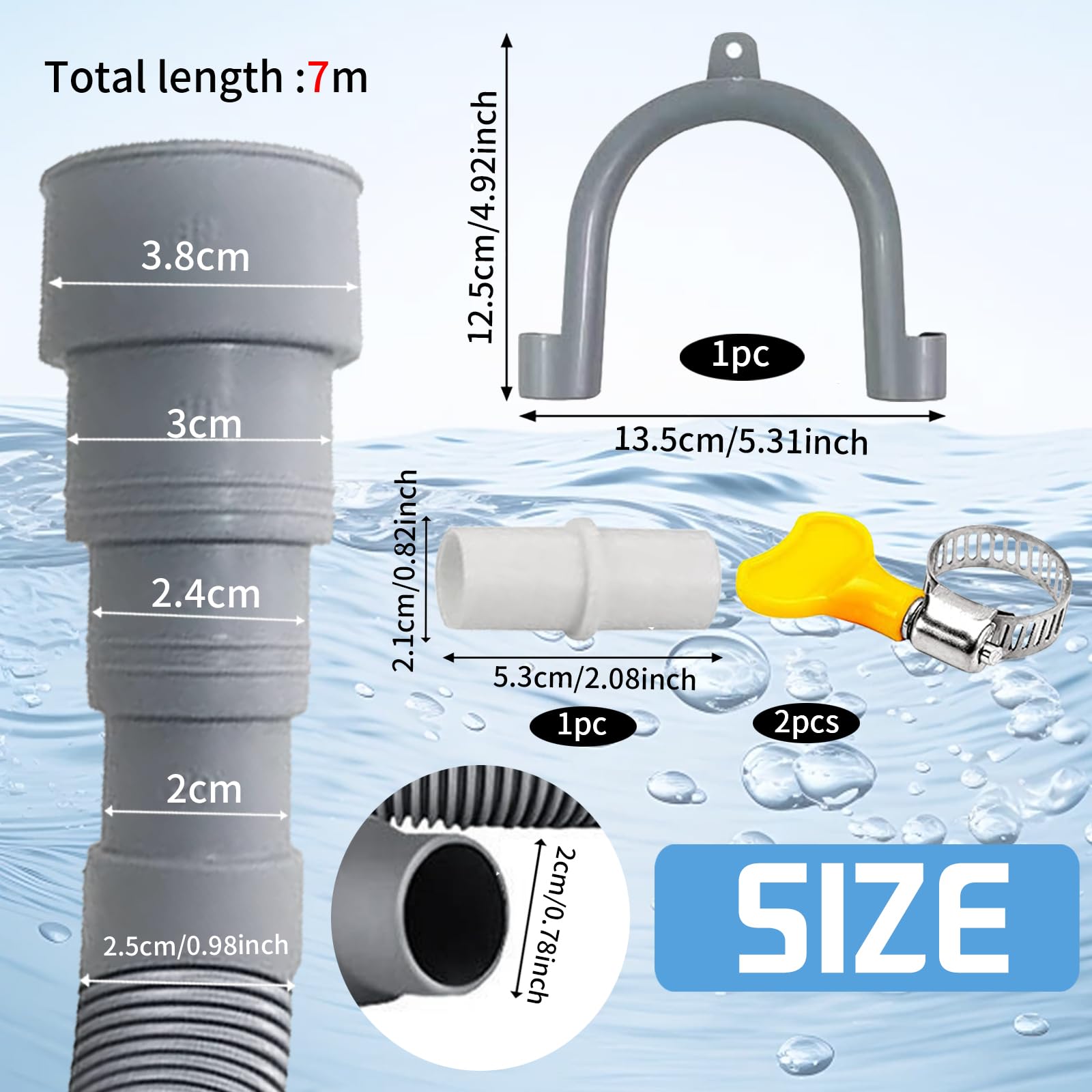 Ablaufschlauch Waschmaschine 0.5/1/1.5/2/2.5/3/4/5/6/7M, Passend für 4 Schnittstellengrößen, Waschmaschine Schlauch Abwasserschlauch Verlängerung Wasserleitung Sinken (7 M)
