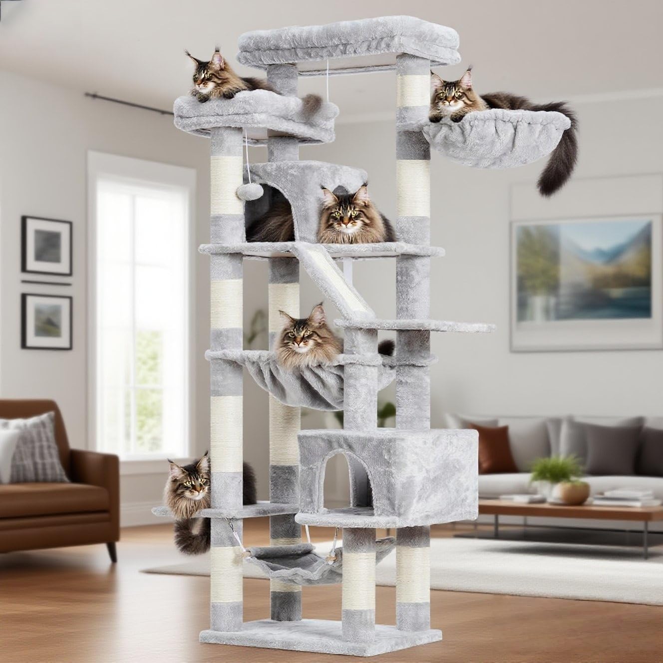 Heybly Cat Tree,71-Inch Tall Tower for Indoor Cats with 2 Perches, 2 Big Condos, 2 Hammocks, Basket, Scratching Pad,Large Cat Furniture and Condo, Light Gray HCT034W