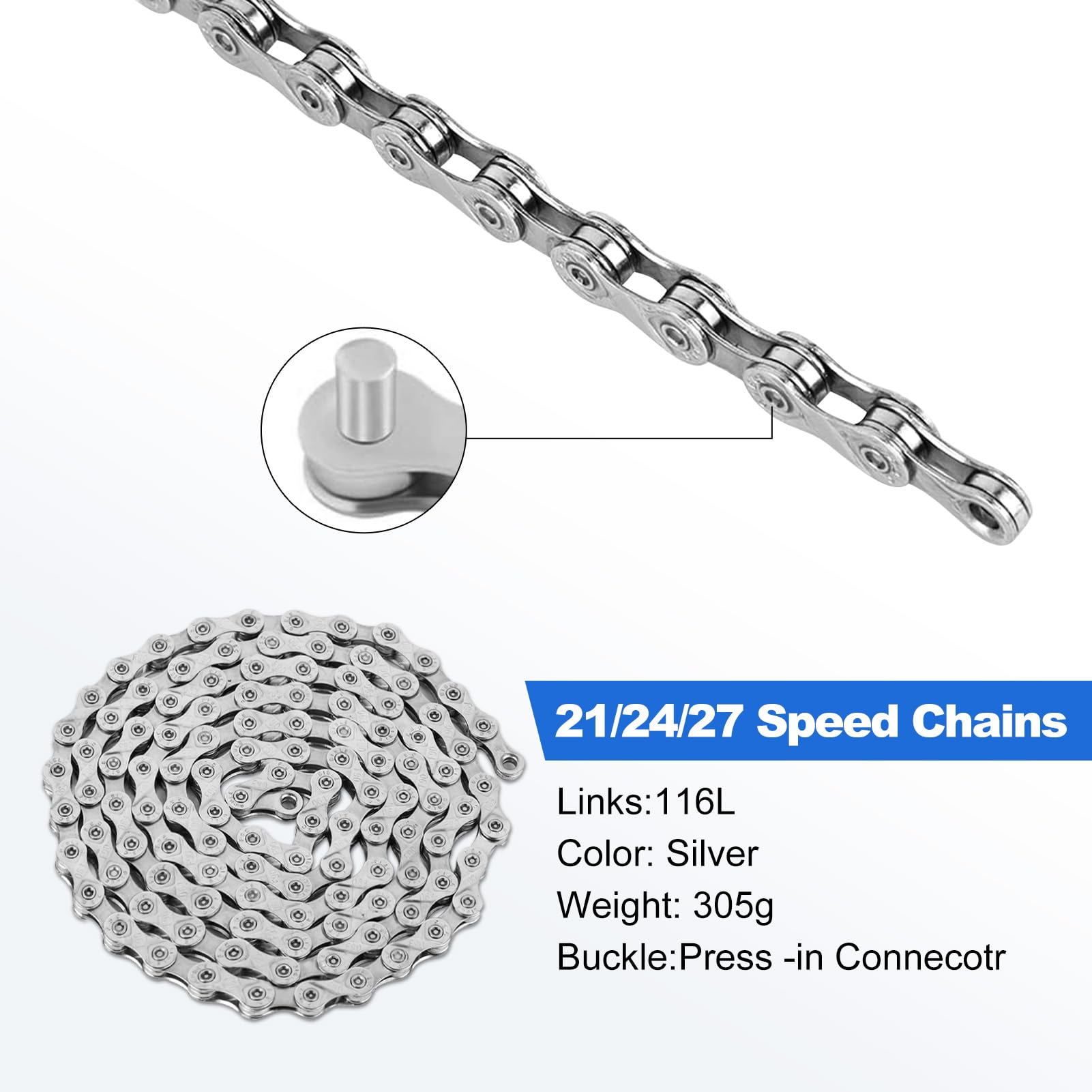 HISUEKIG 21/24/27 Speed Bike Chain Bicycle Chain Mountain Single Speed Chain,116 Links, Steel Cycling Hollow Out Chains for Road BMX Chain (Silve)