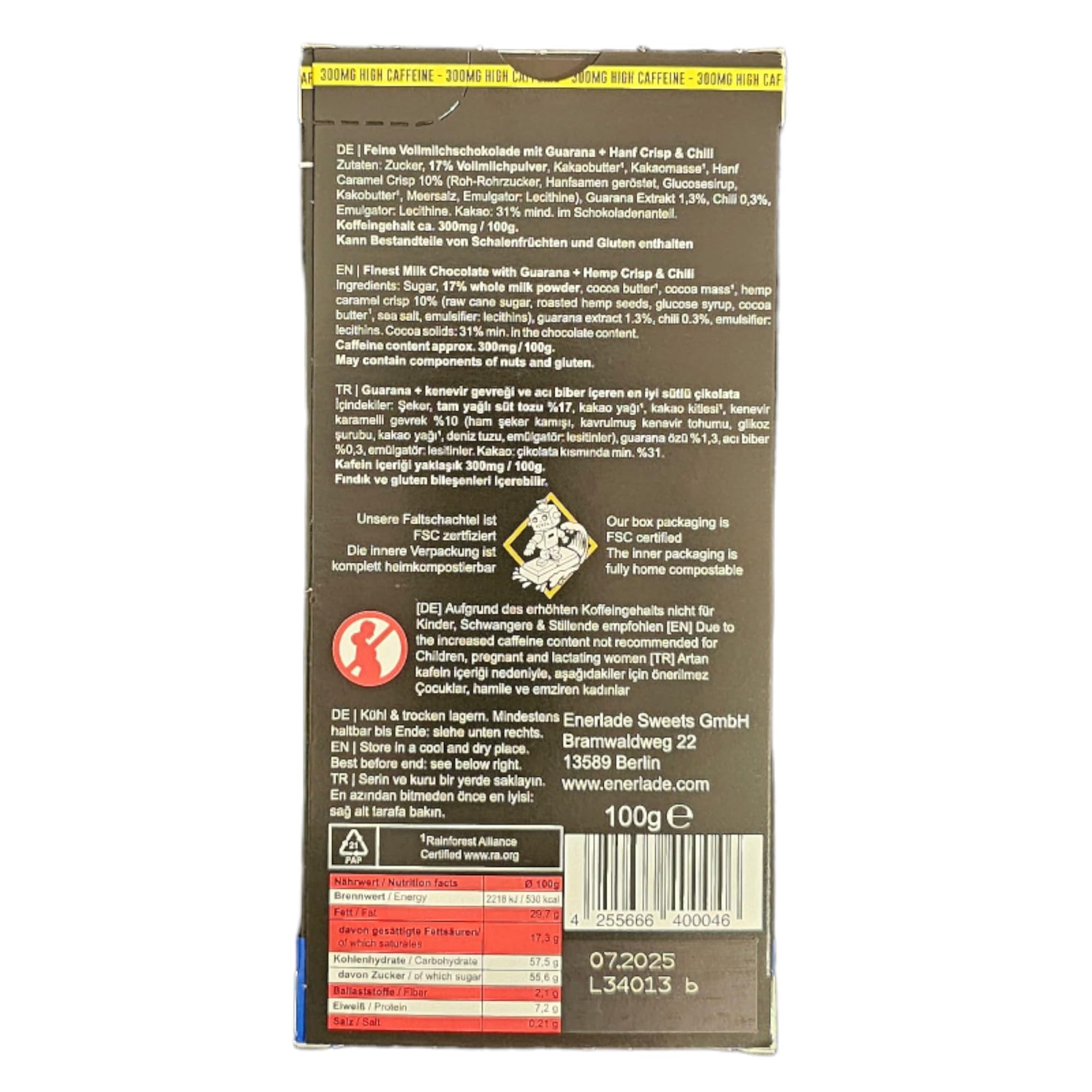 ENERLADE Vollmilch Hanf & Chili Crisp (1x 100 g) Guarana Schokolade - Koffein 300 mg - kein Nachgeschmack - Fair Trade - Energy - made in Germany